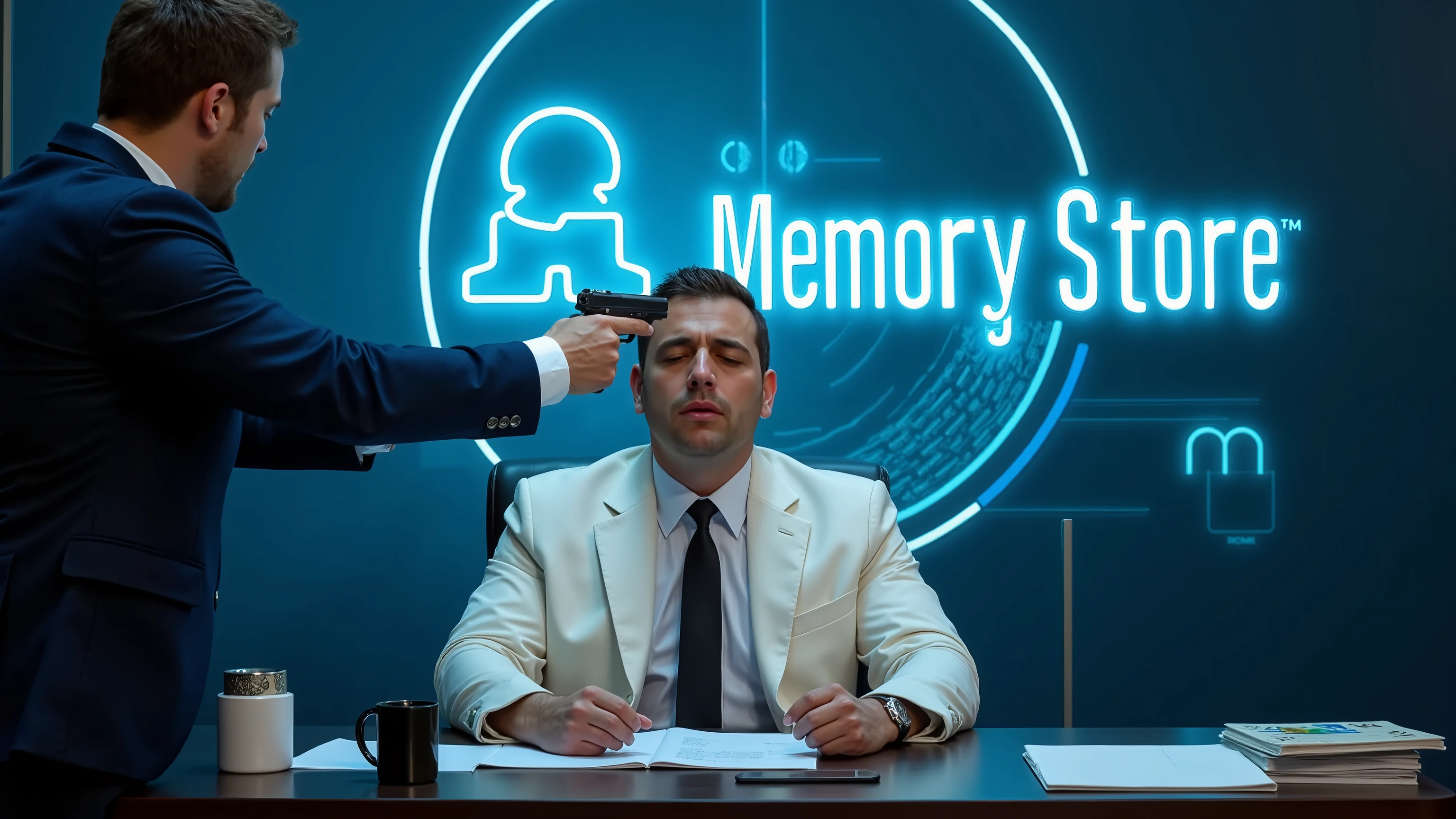 Beaupunk Office,Realism,High-tech desk,The background has a huge holographic projection logo:Memory store。
cyberpunk, High-tech office,the boss of a high-tech company, is sitting at his desk, dressed in a white suit, his hands surrendered, his expression scared, and he is being pointed at with a gun by a man in a blue jacket.
