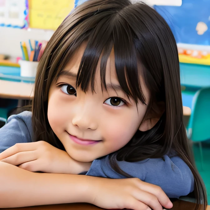 lens: 135mm f1.8, (Highest quality),(RAW Photos), (Tabletop:1.1), (Beautiful 9 year old Japanese girl), Cute face, (Deeply chiseled face:0.7), (freckles:0.4), dappled sunlight, Dramatic lighting, (Japanese School Uniform), (In the classroom), shy, (Close-up shot:1.2), (smile), (sunlight)