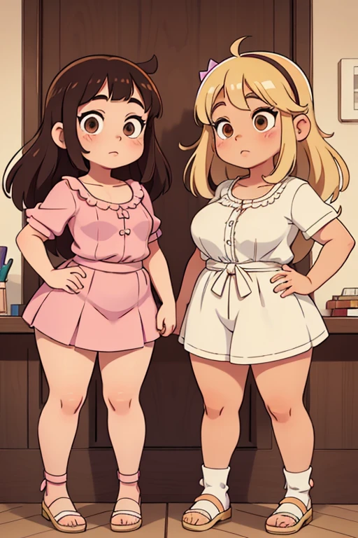 A pudgy, buxom teen of late adolescence with rosy cheeks, brown eyes, creamy blonde hair. She is in a white dress with a prominent bow on her waist. She has muscular, toned, realistic feet and legs. Her legs are thick, fat, curvaceous, fat, meaty, voluptuous, Rubenesque and plump. She is wearing black shoes. She is wearing a bright yellow woollen cardigan and a bright pink miniskirt. Her knees are together and she is holding a magnifying glass smiling warmly.