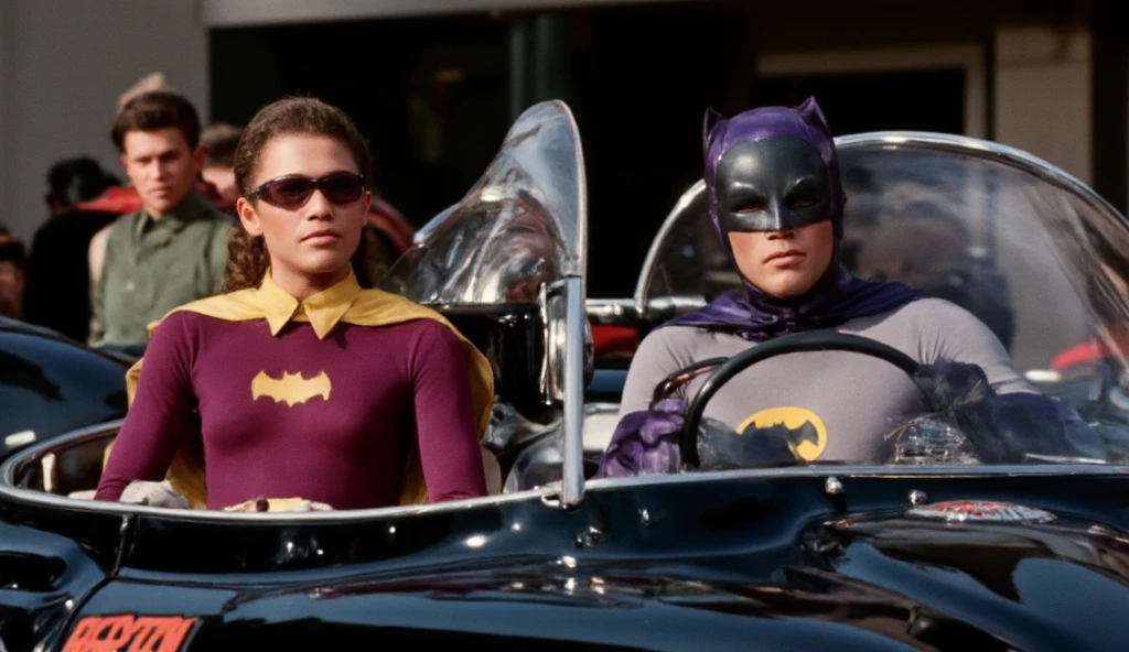 cinematic film still of <lora:Batman1966 Style:1>
batman and robin,In year 1966,two people in a batmobile, Bama1966 Style, shallow depth of field, vignette, highly detailed, high budget, bokeh, cinemascope, moody, epic, gorgeous, film grain, grainy