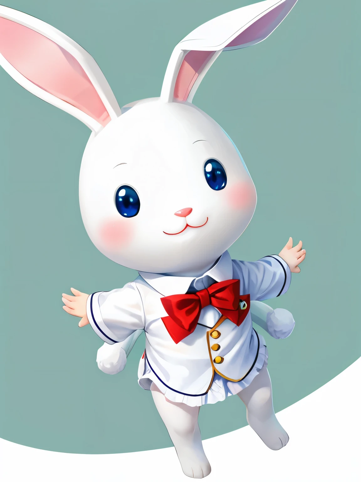 A cute white rabbit,Than thumbs up,Walk forward with a smile,Angle of view sideways, has no background