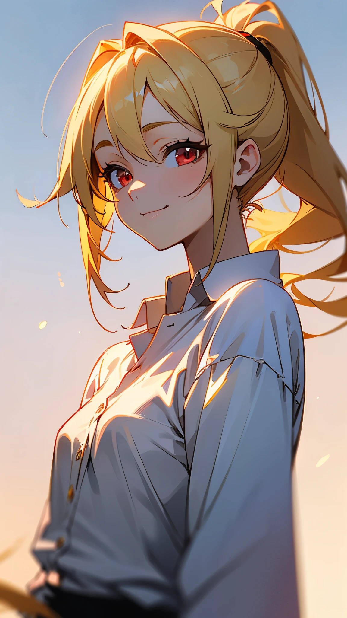 one girl、sharp focus、(Bokeh) (best quality) (Skin definition:1.3) (Detailed Details) (anime)、Age: 18、blonde ponytail、stupid hair、 beautiful red eyes 、smile、white shirt、slender body、from the side、upper body close-up、 golden hour sky