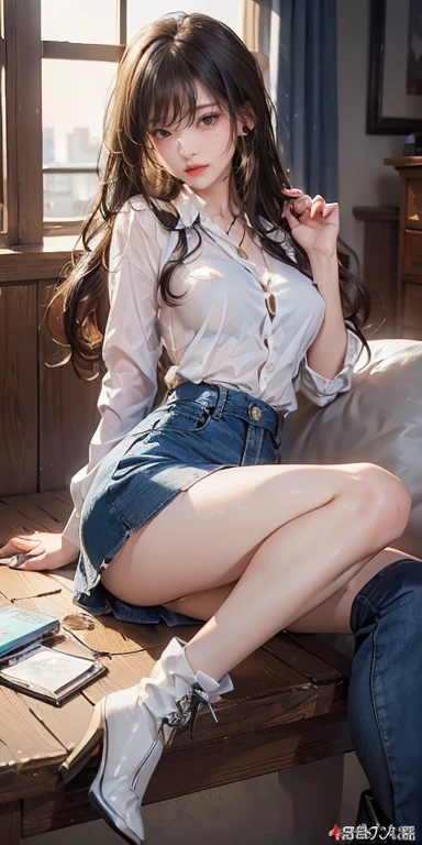 APS, ((knee shot)), RAW photos,18 year old sexy model, cute young girl, messy hair,smiled shyly, curlies, coiffed blonde hair, Campus style, in class room, sitting on the classroom desk, Lift up the skirt, Thin leg, Pose gracefully, Posing for photos, Random shooting angle, Surprising detail,The content is very detailed, Smooth skin, Warm color palette, Best quality, The content is very detailed, the detail
