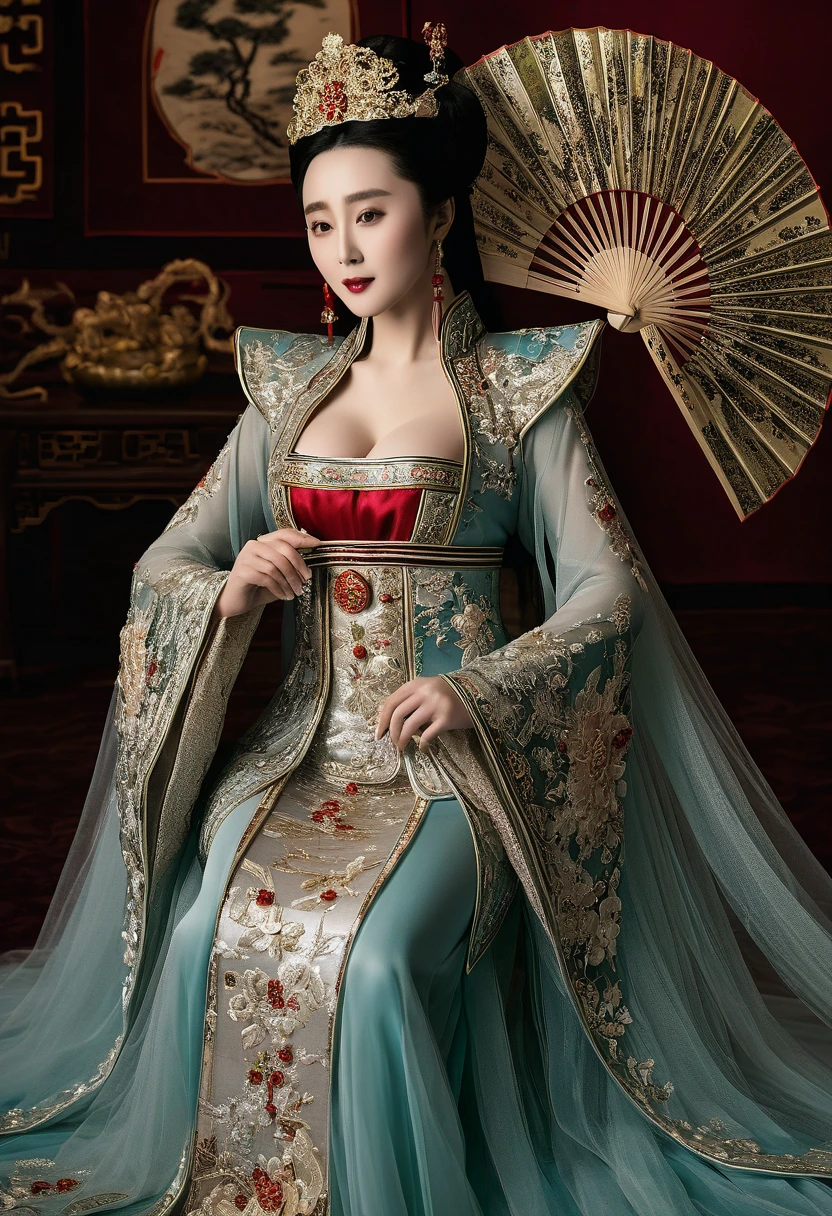 A woman seen from the front, bent over on the ground facing forward with her legs spread apart. A Chinese empress wearing a large crown, showing her abdomen, thighs and toes.。She is wearing no underwear, and her large breasts are exposed, right down to her bare stomach. Her hair is tied up and pulled up, and the background is the stone pavement of the Chinese palace of the Qing Dynasty.