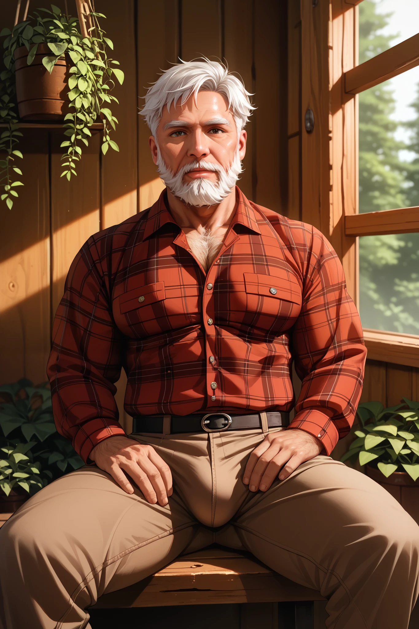 (Masterpiece, absurdres, topquality, mj manga) 1boy, solo, maturemale, old age, white hair, short hair, long beard, muscular, broad shoulders, big pecs, big arms, abs, big butt, hairy body, cabin, in, big window, nice scenery, woods, white thin curtains, hanging plants, sitting, legs spread wide, bulge, looking st viewer, red plaid shirt, longsleeves, brown trousers
