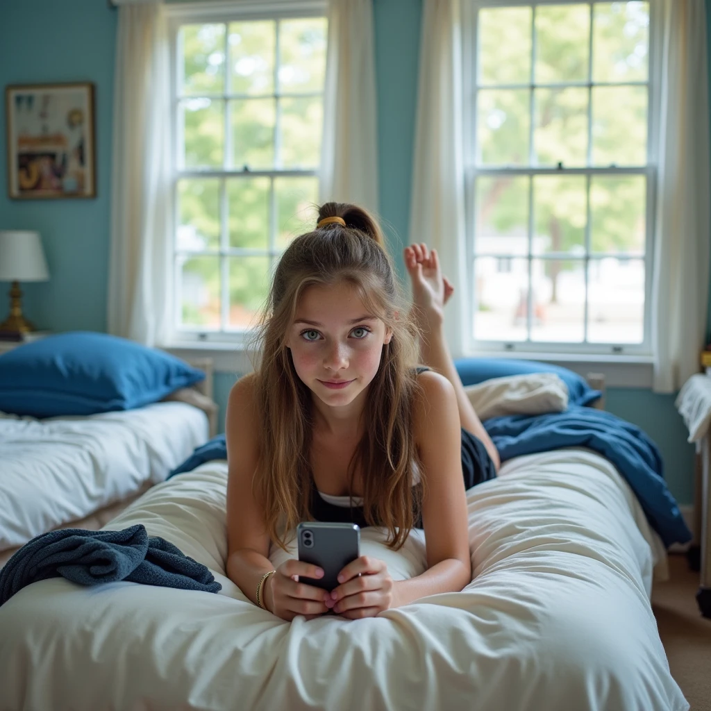 I want a blonde taking a photo in front of the mirror sitting on the bed with her legs closed, a blue dress, and vans sneakers, the room is a little messy and she is smiling with her cell phone covering half of her face, behind her in the reflection of the mirror I want a gaming PC, and the brightness of the light is a little low