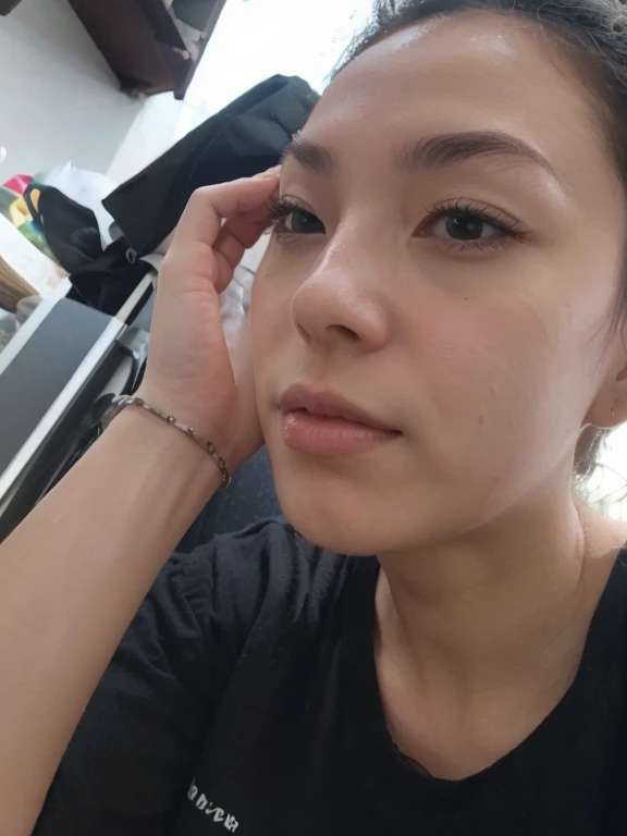 (masterpiece, best quality, highres, high resolution:1.2), extremely detailed, realistic, intricate details, Noemi, beautiful 27 year old Filipino woman, , Filipino, black wavy hair, classroom, sitting on desk, smiling, gym shorts and a school tee shirt and a visor, (in basketball gym:1.3), sfangle,