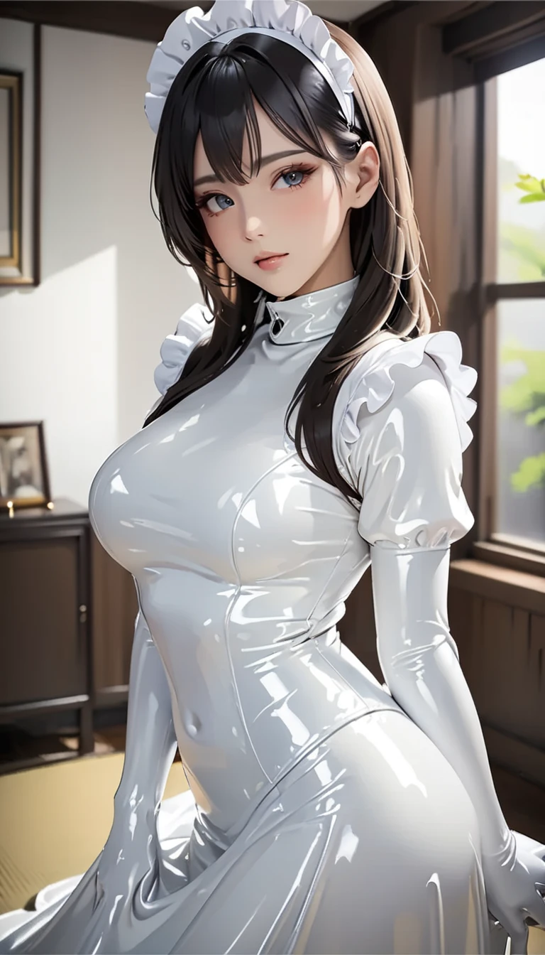 (masterpiece,Highest quality,Ultra-high resolution),Japanese women, (((Very beautiful 25 year old girl))),(White latex maid outfit)、Mermaid type white latex long skirt、(White latex long sleeve shirt)、white latex long gloves、White latex socks、The clothes fit snugly to the body、Latex is very shiny、Dark Room、high quality portrait