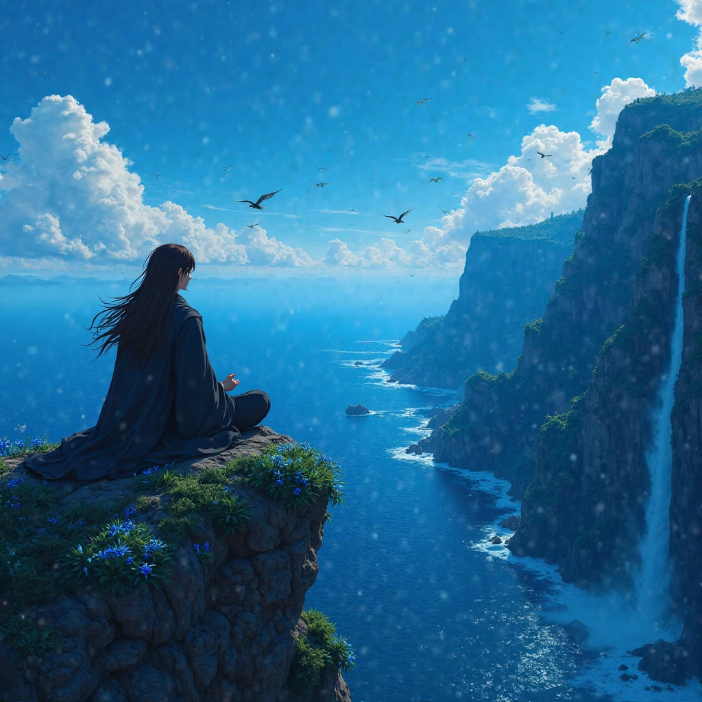 ({{highres,}},masterpiece,ultra-detailed,best quality,8k)cloud, sky, scenery, day, blue_sky, mountain, cloudy_sky, outdoors, waterfall, fantasy, horizon, cliff, rock, water, landscape, mountainous_horizon, ocean, tree, river, floating_island, naked girl