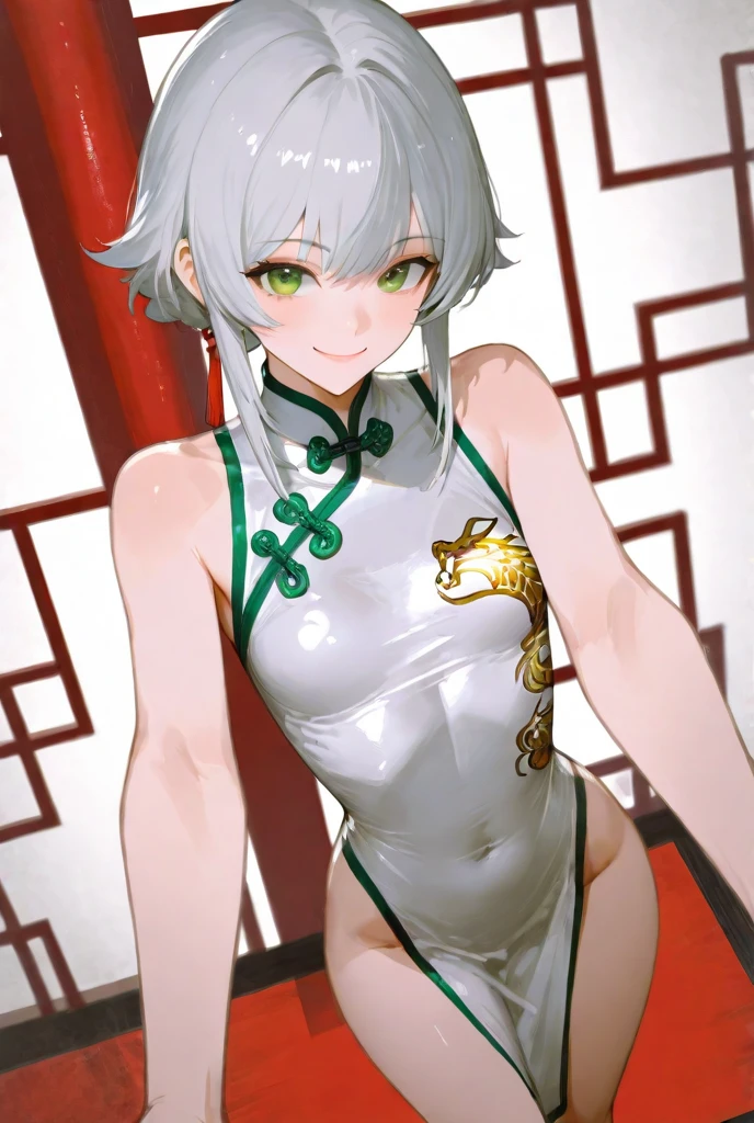 Short hairstyle with silver hair and bob, Hair tied in a bun with a hair clip, Pink eyes, Smile, Yellow tight sleeveless uniform, Tight shorts, diadems, Gold Element, she-ra, masutepiece, hiquality, 4K, hard disk, good detail