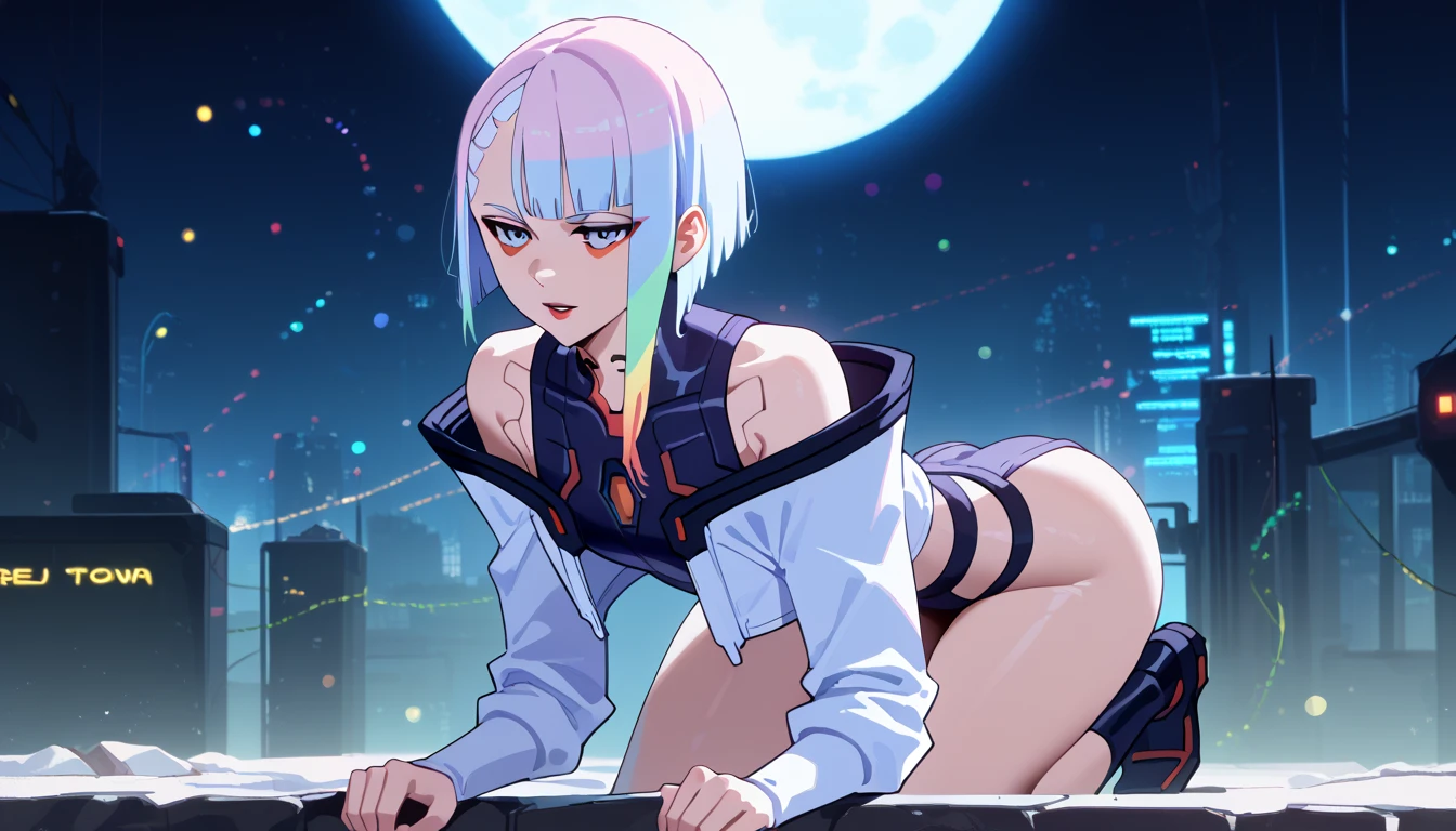Masterpiece, best quality, extremely detailed artwork, award winning, 16k resolution, illustration.
(hyper-realistic:1.4)
(full body:1.5) (Night, night time:1.4)
cyberpunklucy, lucy, short hair, bangs, blue eyes, blue hair, multicolored hair, makeup, multicolored eyes
NSFW, (NAKED BREASTS:1.5), (SPREADING PUSSY:1.5), black boots
big breasts, blush, shame, embarrassed, wavy mouth, sitting on the floor, looking at viewer, spreading her legs, legs spread
Indoors, bedroom, city, moon, night, sky, clouds