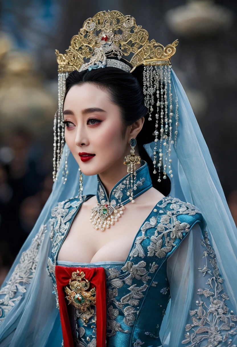 Chinese actress Xu Xun in The Legend of Ruyi (Zhou Xun) A Qing dynasty Empress standing in the foreground, showing her large breasts, her hairy pussy and underbelly, naked without underwear on the cobblestones outside a Chinese palace during the Qing dynasty、Chinese empress hairstyle big crown