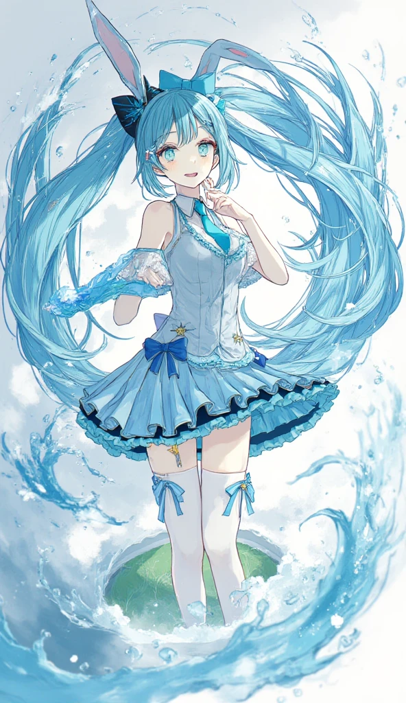 ((best quality)), ((masterpiece)), ((perfect composition)), (prefect anatomy), illustration:2.3, high-res, prefect lighting, ((((clean and clean)))), dynamic angle, ((((clean and clean)))), absurdres, ksaqua, 1girl, sole, upright standing on sea, pose, ((extremely detailed real drawn hands)), looking at the viewer, hair rings, (blue shirt), bow, detached sleeves, skirt, thighhighs, bare shoulders), blue hair, spread legs, ((zettai ryouiki)), ass, nice pussy, showing off pussy, nsfw, explicit, sexy, prefect body, long hair, impossible long hair, floating hair, (long hairs extended to left edges), (long hairs extended to edges), (Delicate long hair tail), serious, fairy, fantasy, femdom, enchanting expressionless, large breasts, parted lips, legs up shot, beautiful eyes, (detailed face description), (detailed big eyes description), happiness, flowing water, flowing water droplets, splashing water sprays, splashing water drops, water droplets fall, lapping wavelets, perfect water loop, octane rendering, colorful contrast, focus thighs, no panties, focus pussy, pussy see-through:1.3.
<lora:konosuba_aqua-10:0.75> <lora:Yuansuli_shui:0.8> <lyco:BetterPussyV0.1.0-LR00025-Locan:1> 
<lora:add_detail:0.65> <lora:rainbow:0.3> <lora:style_Animi:0.45> <lyco:GoodHands-beta2:1.0>