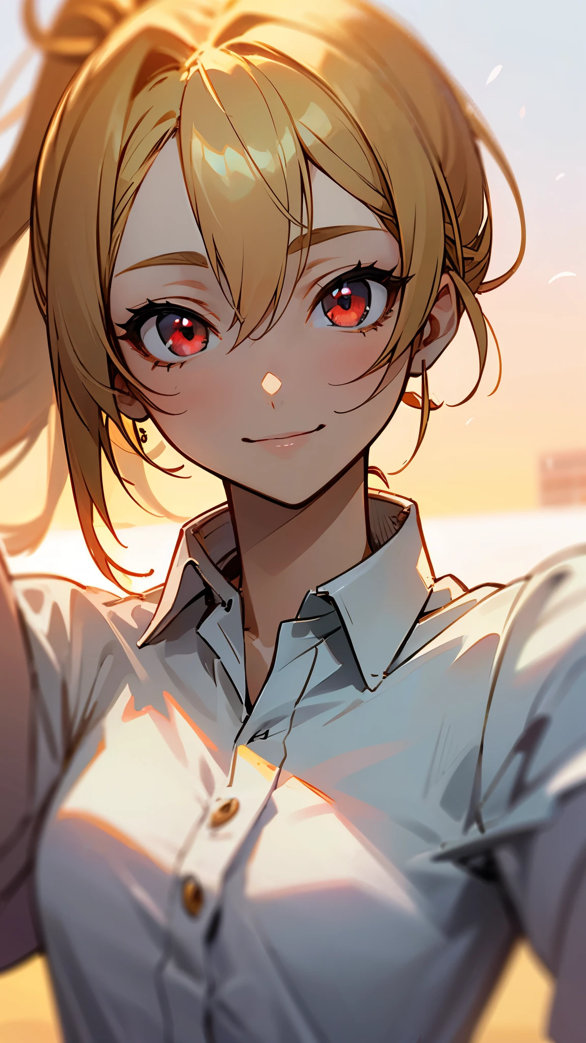 one girl、sharp focus、(Bokeh) (best quality) (Skin definition:1.3) (Detailed Details) (anime)、Age: 18、blonde ponytail、stupid hair、 beautiful red eyes 、smile、white shirt、slender body、 selfie pose、upper body close-up、 golden hour sky