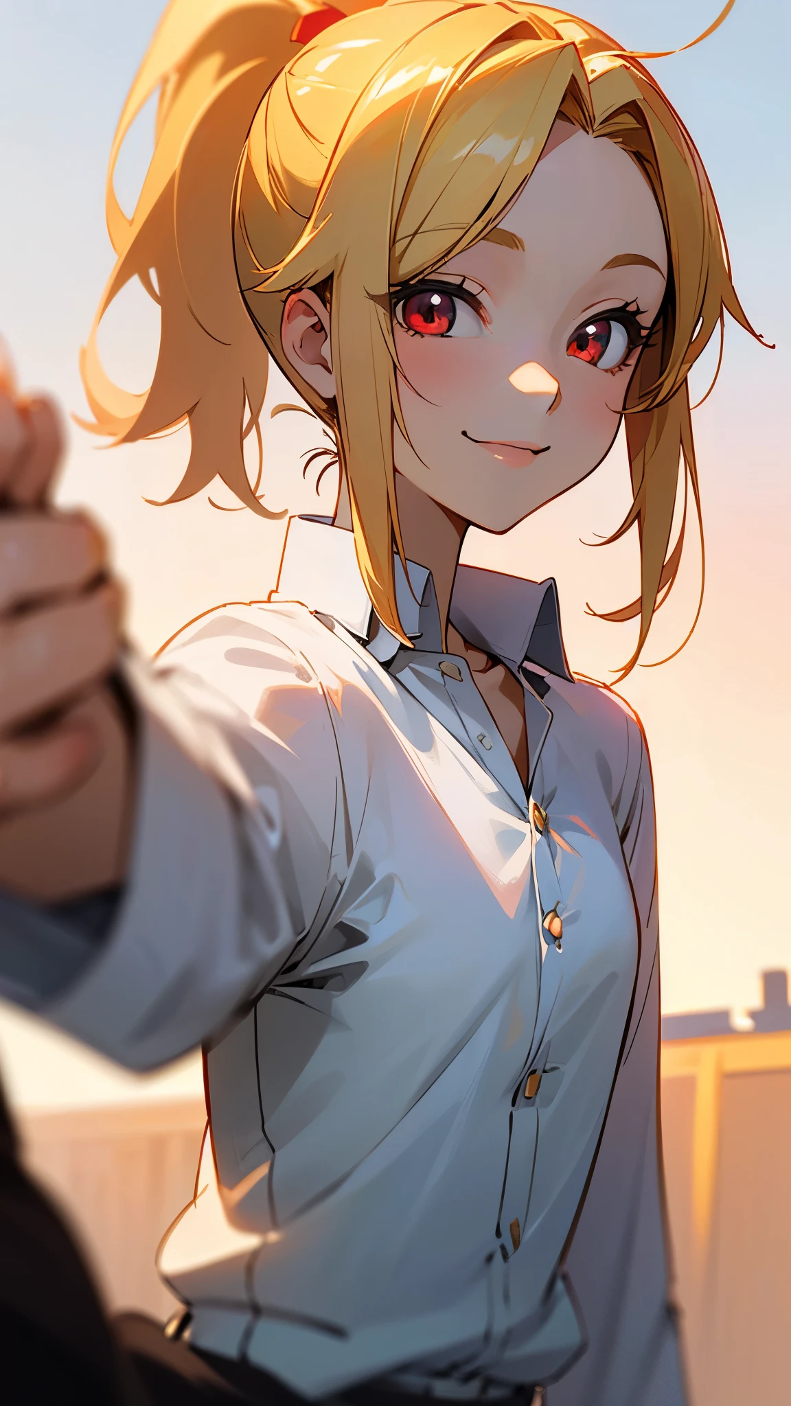 one girl、sharp focus、(Bokeh) (best quality) (Skin definition:1.3) (Detailed Details) (anime)、Age: 18、blonde ponytail、stupid hair、 beautiful red eyes 、smile、white shirt、slender body、 selfie pose、upper body close-up、 golden hour sky