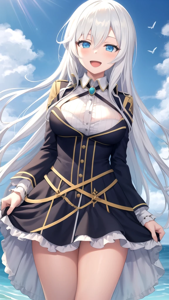 ((masterpiece)), (((best quality))), ((ultra-detailed)), ((illustration)), ((disheveled hair)), ((frills)), (1 girl), (solo)，1girl，black legwear, blonde hair, blue eyes, blush, breasts, clavicle, cleavage, closed mouth, clothing, eyebrows visible through hair, female, headwear, large breasts, legwear, long hair, looking at viewer, smile, thighhighs, white beret, white headwear, military,white military uniform, white naval uniform,
