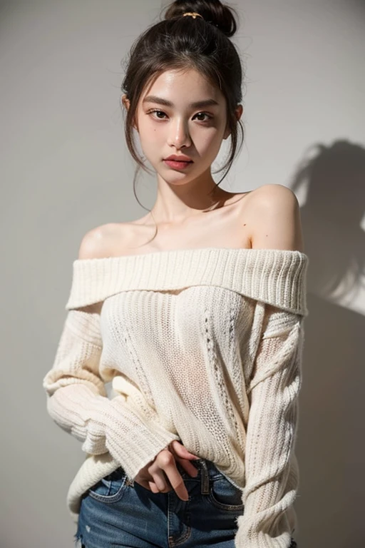 21yo girl,(wearing oversize pink sweater), hot pants, show shoulders, show medium thigh, natural medium breast, plump body,single sidelock hairpin blush modern cinematic lighting,ray tracing,drop shadow wide shot UHD,textured skin,high details,best quality 4K, blue background