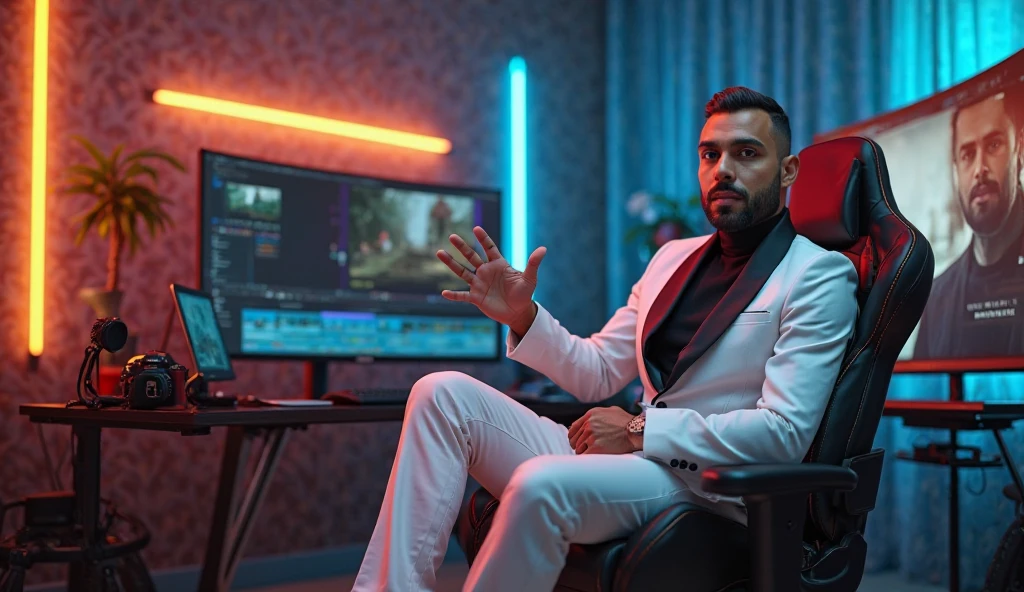 high resolution, ultra detaild), (cinematic), (ultra HD), standing alone, Gucci clothing,gold chain on neck , short goatee and beard,sitting gamer chair macbook on lap, in the background a curved screen monitor,, 2 dice on the floor, one blue and one red, a lot of money, de casino,