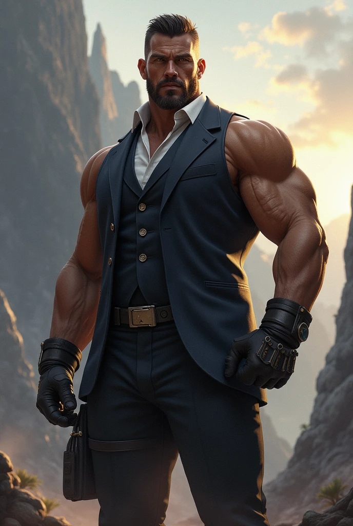 Wagner_Genshin_Impact, solo, short hair, shirt, black hair, gloves, 1boy, brown eyes, white shirt, male focus, muscular, facial hair, bandages, pectorals, muscular male, bara, beard, brown gloves, mature male, mustache, leather, pectoral cleavage, 