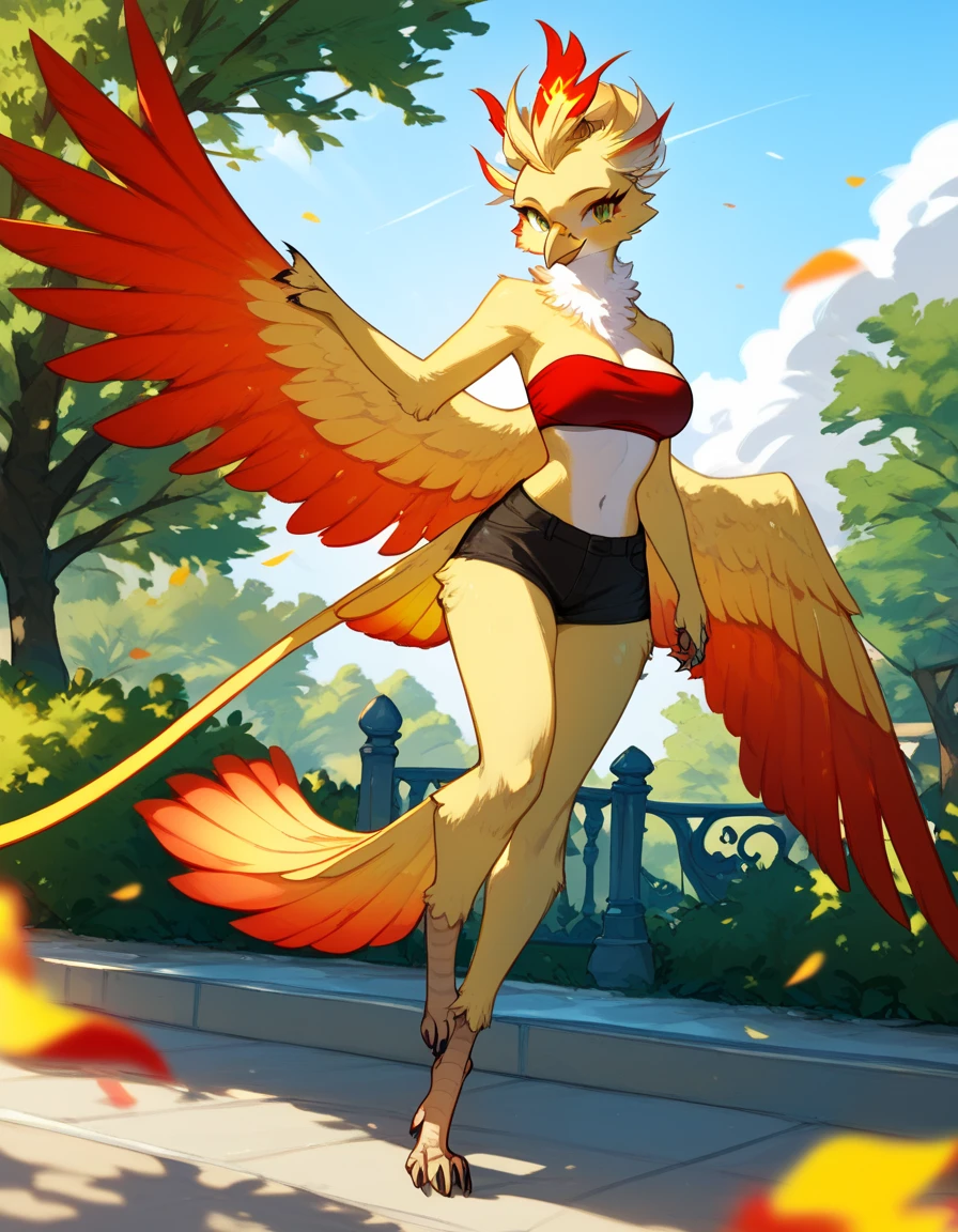 score_9, score_8_up, score_7_up, an Anthro phoenix girl, avian female, red and yellow body, spikey yellow hair, wearing elegant Haori, red bandeau, black short shorts, barefoot, standing, closed wings, yellow eyes, outdoors, at a park, , (medium )