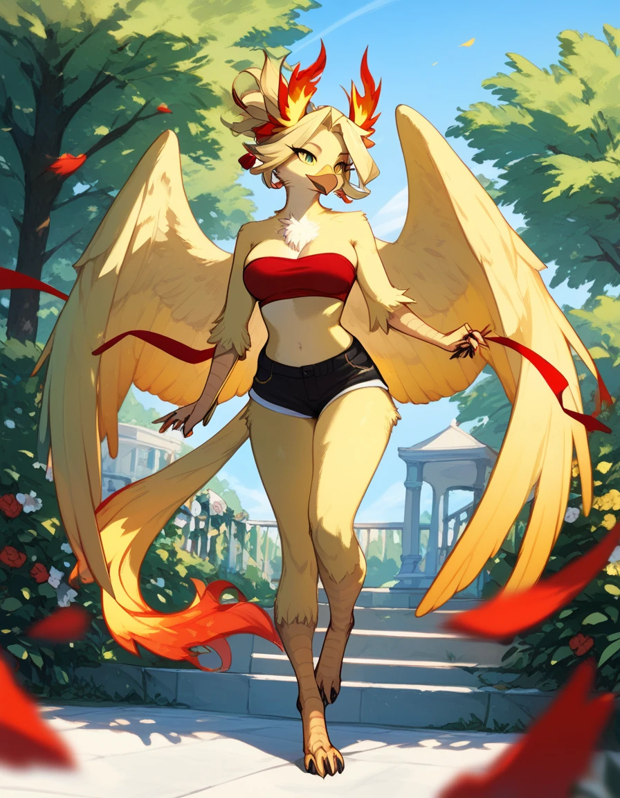 score_9, score_8_up, score_7_up, an Anthro phoenix girl, avian female, red and yellow body, spikey red and yellow hair, , red bra, black thong, barefoot, humanoid feet with five toes and black toe claws, closed wings, feathered body, yellow eyes, sitting on a bed, on her knees, rear view, seductive, simple white background 