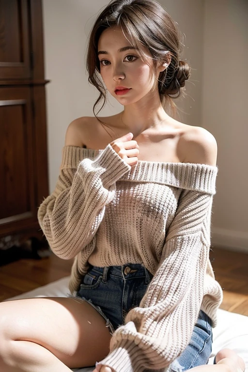 extremely detailed CG unity 8k wallpaper, best quality, ultra-detailed, masterpiece, realistic, photo realistic, extremely detailed cute girl, 25years old, blush, parted lips, dropping eyes, off-shoulder sweater, mini skirt, panty shot, looking at viewer , half body shot , bed