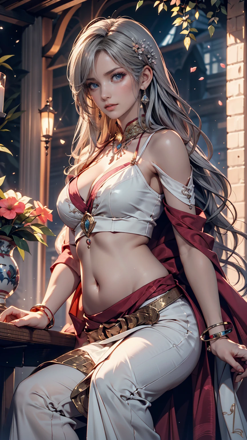 8K、A bewitching succubus wearing a luxurious red casual outfit.,super beautiful(Like the real thing)、gorgeous red and black pants,Women of Ala Fed、Beautiful wavy silver hair、big and full breasts、5d cgi anime fantasy artwork、fan art mayo art station、デジタルfantasy art)、wallop loss draw、壮大なfantasy artスタイル、beautiful succubus、Charm、Beautiful fangs、looking at the viewer、captivating gaze、laughter、masterpiece,masterpiece,Photorealistic RAW photos of the highest quality。bright colors,rich colors, Backlight, cinematic lighting, film grain, to be born, 50mm lens, Nikon D850,realistic skin,fantasy art,character art,ultra high resolution,realistic scale skin,goddess of evil,horn of evil god,Macho with muscular slender body,Violent and strongly cracked abdominal muscles,golden eyes(Golden Glitter Effect),Violent and strongly cracked abdominal muscles(超realistic skin),smile,white shirt,red and silver jacket,