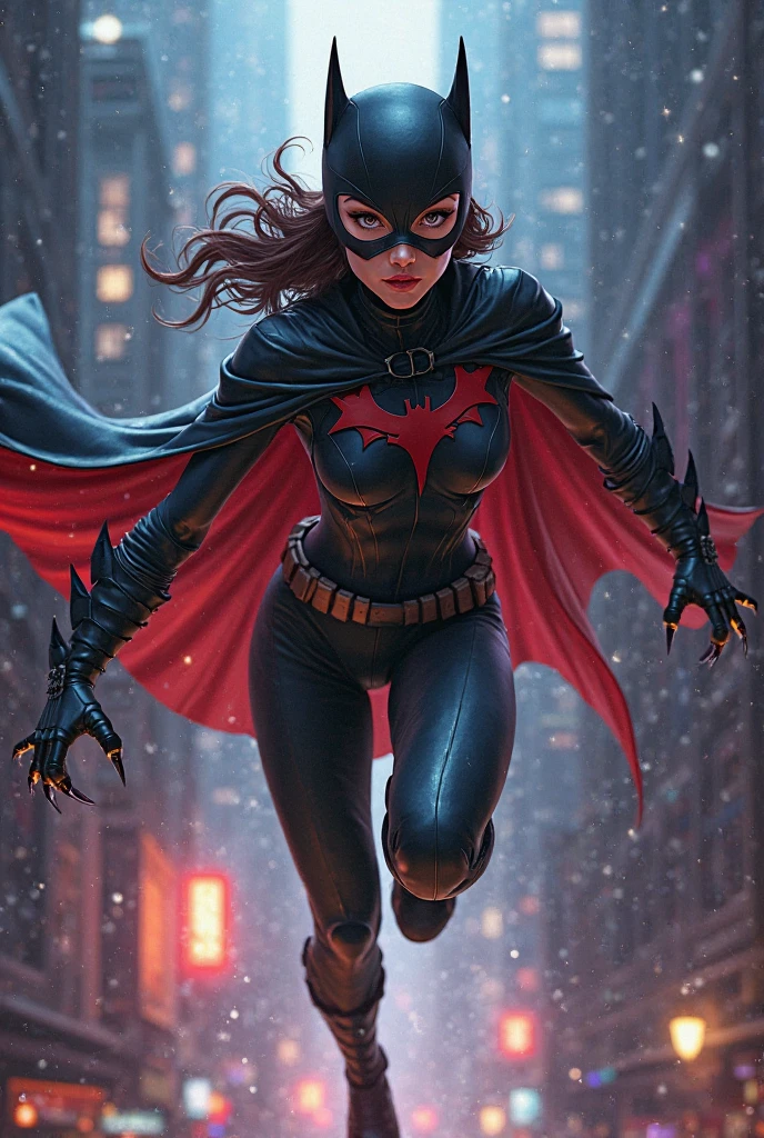 front page, DC comics style girl. dark brown hair, Wavy and disheveled below the shoulders, tired brown eyes with dark circles, almost pale white complexion,1.65 m, slim and agile build. Black vigilante suit with dark red details, remembering the blood. Boots and gloves with dark red details and claw-like nails. Black mask with night vision lenses like wolf eyes. Belt with tools
