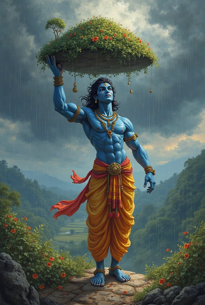Lord Krishna, with his dark complexion, effortlessly lifts the massive Govardhan Mountain with the little pinkie finger of his right hand. A peacock feather, bright against his dark hair, enhances his divine appearance. Amidst the heavy rain, Krishna's serene and composed demeanor stands out against the stormy backdrop, showcasing his extraordinary strength and grace.