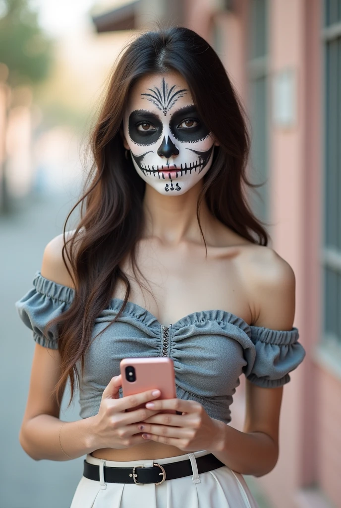 realistic photo, a japanese girl, wavy long brown hair, with sugar skull de los muertos mexican face mask is nude, prone position with one supporting the chin, with legs lifted upwards, there`s a open laptop in front of her, correct anatomy, detailed face and body, natural lighting, high resolution, photorealistic, (best quality,8k,highres,masterpiece:1.2),ultra-detailed,(realistic,photorealistic,photo-realistic:1.37),realistic skin texture,detailed eyes and lips, natural smile, beautiful detailed face,long eyelashes,smooth skin,natural body shape, source of light only from laptop monitor light, black wall bedroom & red silk sheets