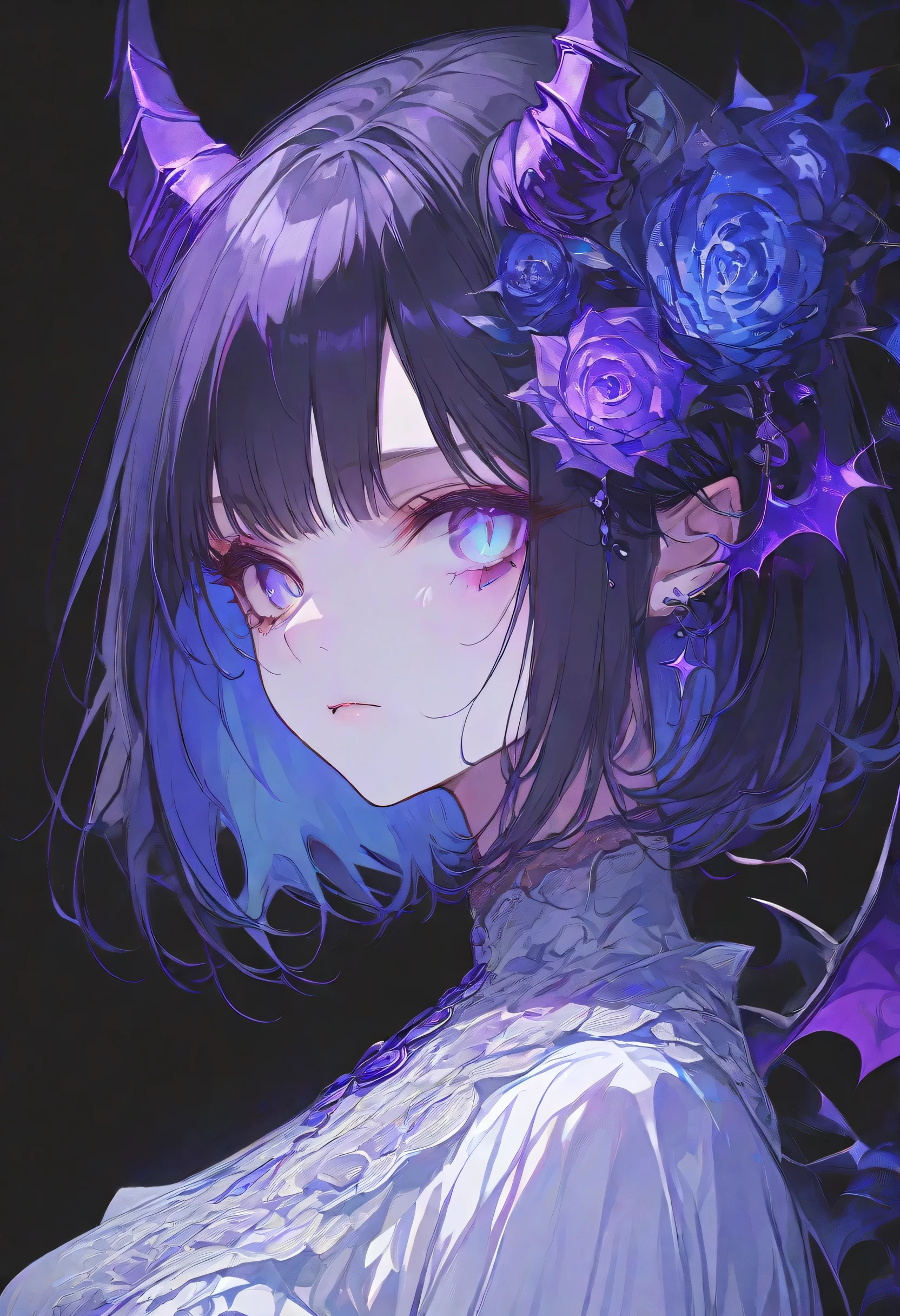 Devil Girl、midnight、Negative、black hair、Blue pupil、purple Devil's Horns,short hair, black background,