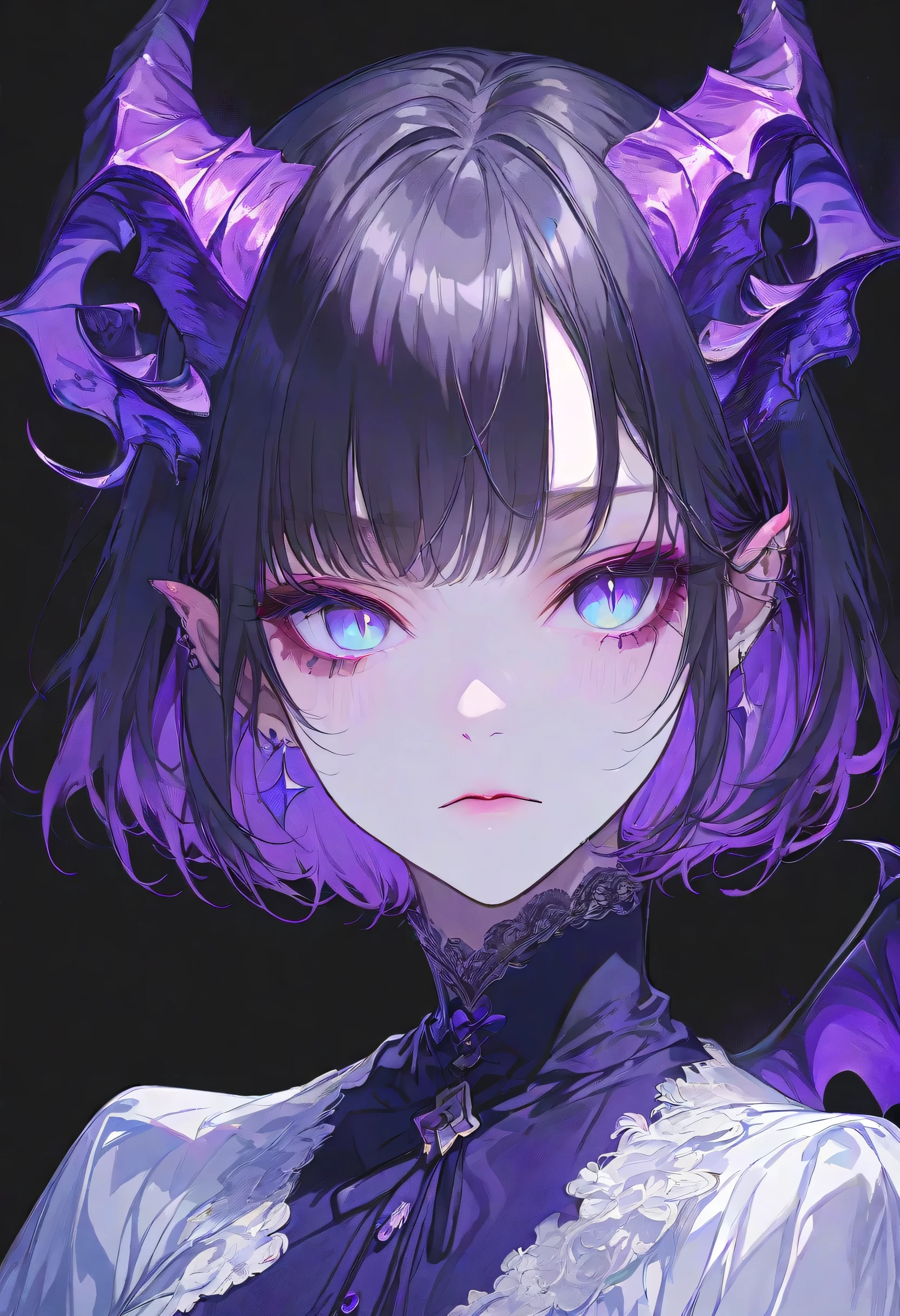 Devil Girl、midnight、Negative、black hair、Blue pupil、purple Devil's Horns,short hair, black background,