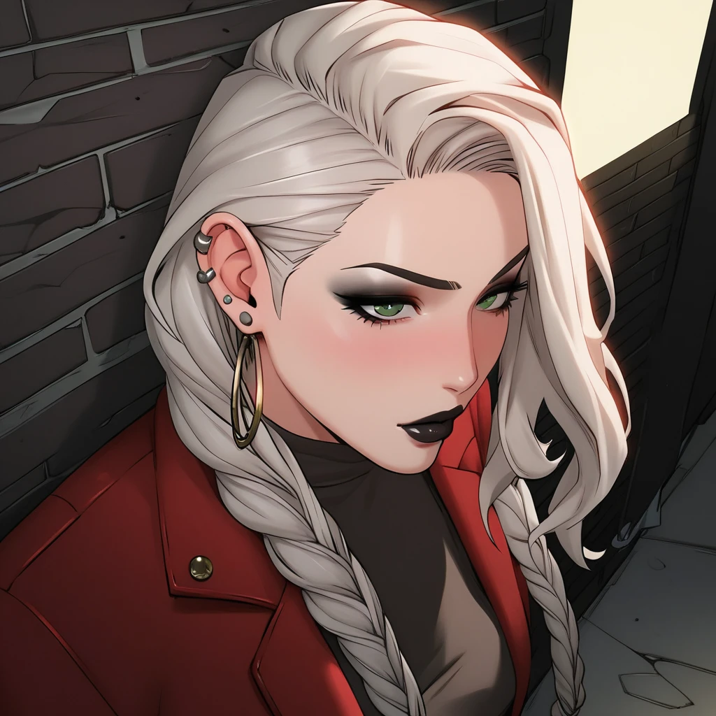 score_9, score_8_above, score_7_above, score_6_above, score_5_above, score_4_above,  INTERVAL 1 girl  , intricate,   making a beautiful passionate pout,   Slightly drunk  , Red fleece coat, off the shoulders, seductive neckline, Yakuza outfit  , (eyeliner :1.2),  looking at the observer  ,  white hair,  ear piercing ,   punk style,  green eyes, (long braids,  ear piercing ,   punk style ,   black lips ,  Suit, jewelry,  detailed background,  big  ( masterpiece,  High quality:1), bar, counter, alley, bar exit  ,  dark lighting , volabovetuous body,  mature woman 