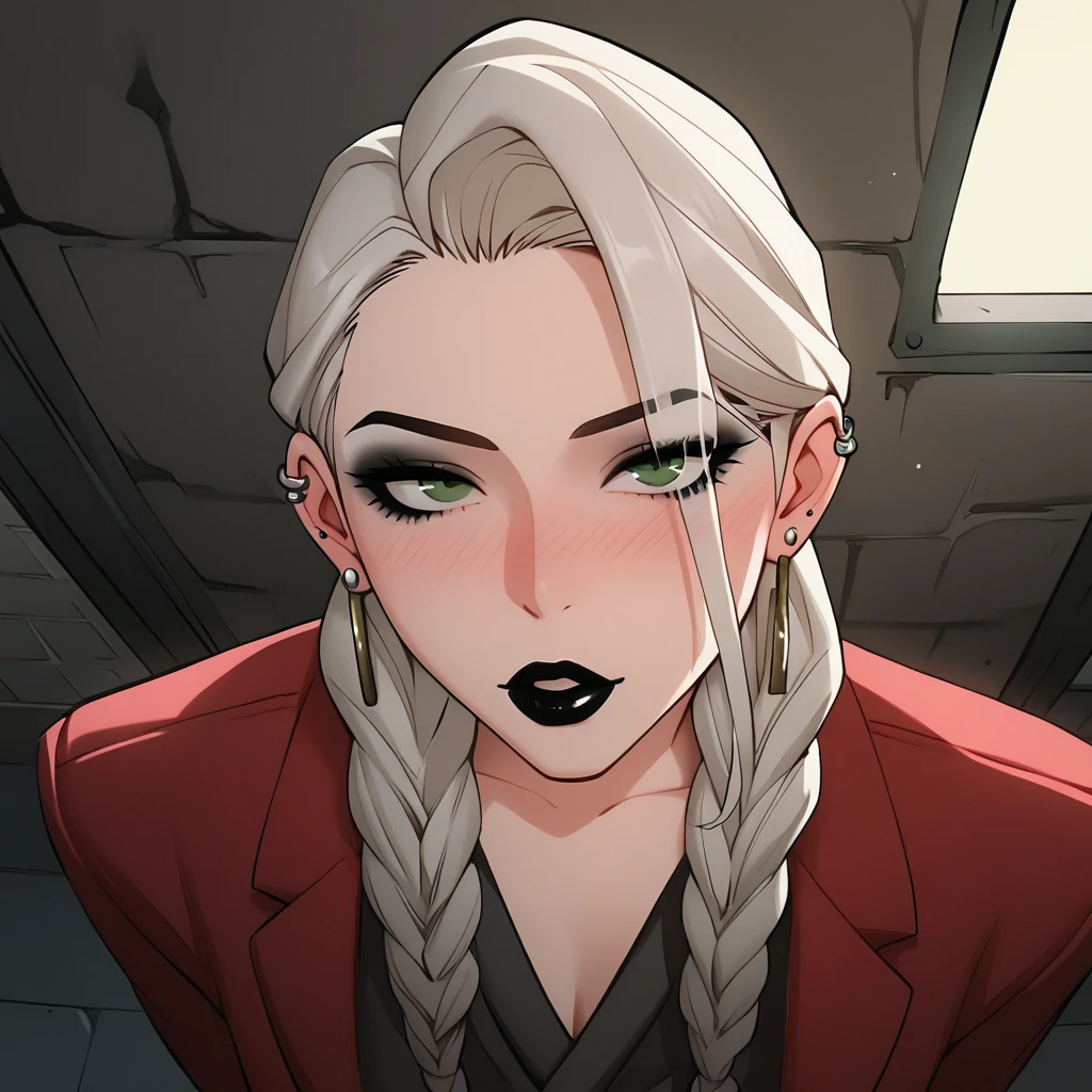 score_9, score_8_above, score_7_above, score_6_above, score_5_above, score_4_above, INTERVAL 1 girl , intricate, making a beautiful passionate pout, Slightly drunk , Red fleece coat, off the shoulders, seductive neckline, Yakuza outfit , (eyeliner :1.2), looking at the observer , white hair, ear piercing , punk style, green eyes, (long braids, ear piercing , punk style , black lips , Suit, jewelry, detailed background, big ( masterpiece, High quality:1), bar, counter, alley, bar exit , dark lighting , volabovetuous body, mature woman