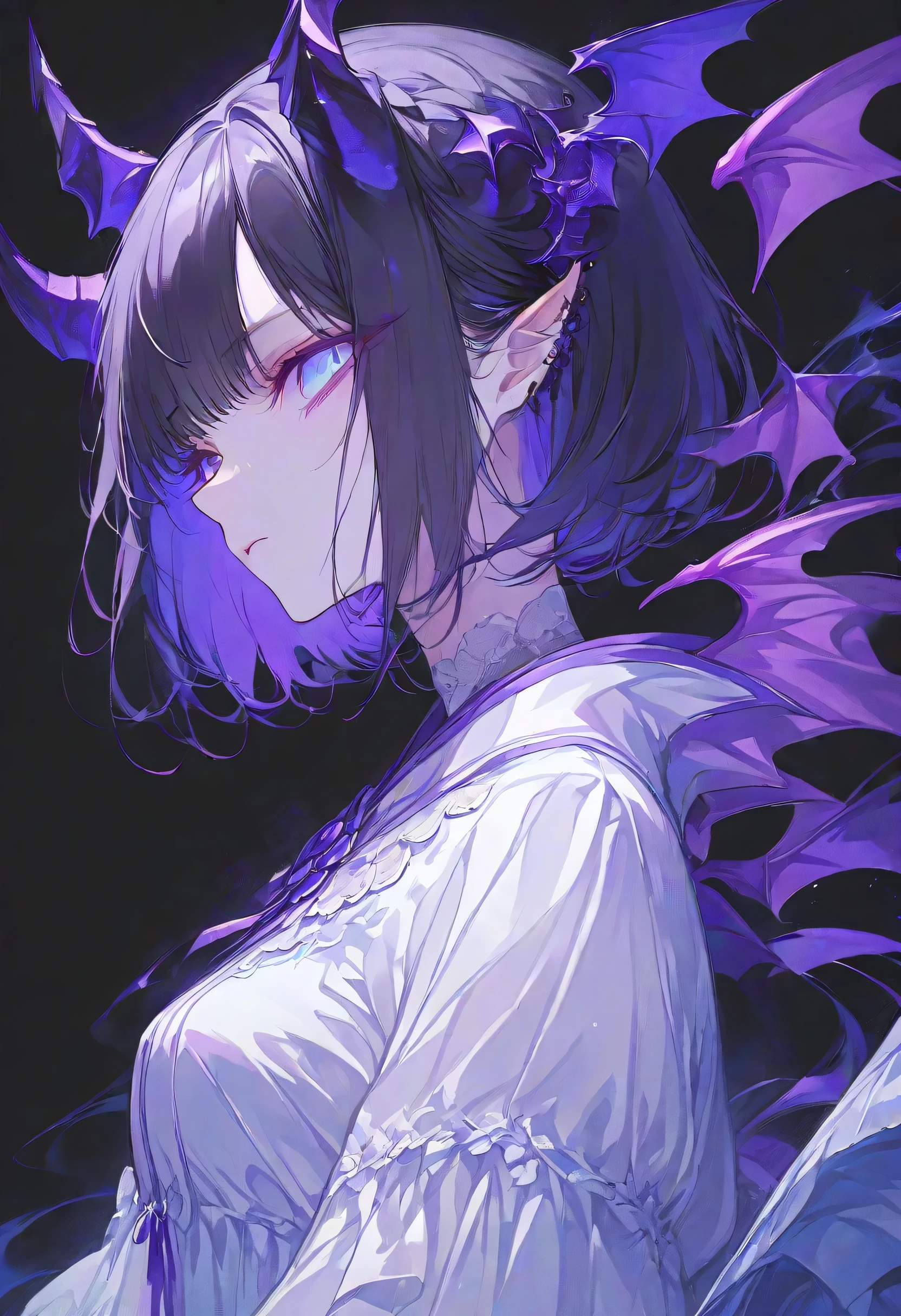 Devil Girl、midnight、Negative、black hair、Blue pupil、purple Devil's Horns,short hair, black background,