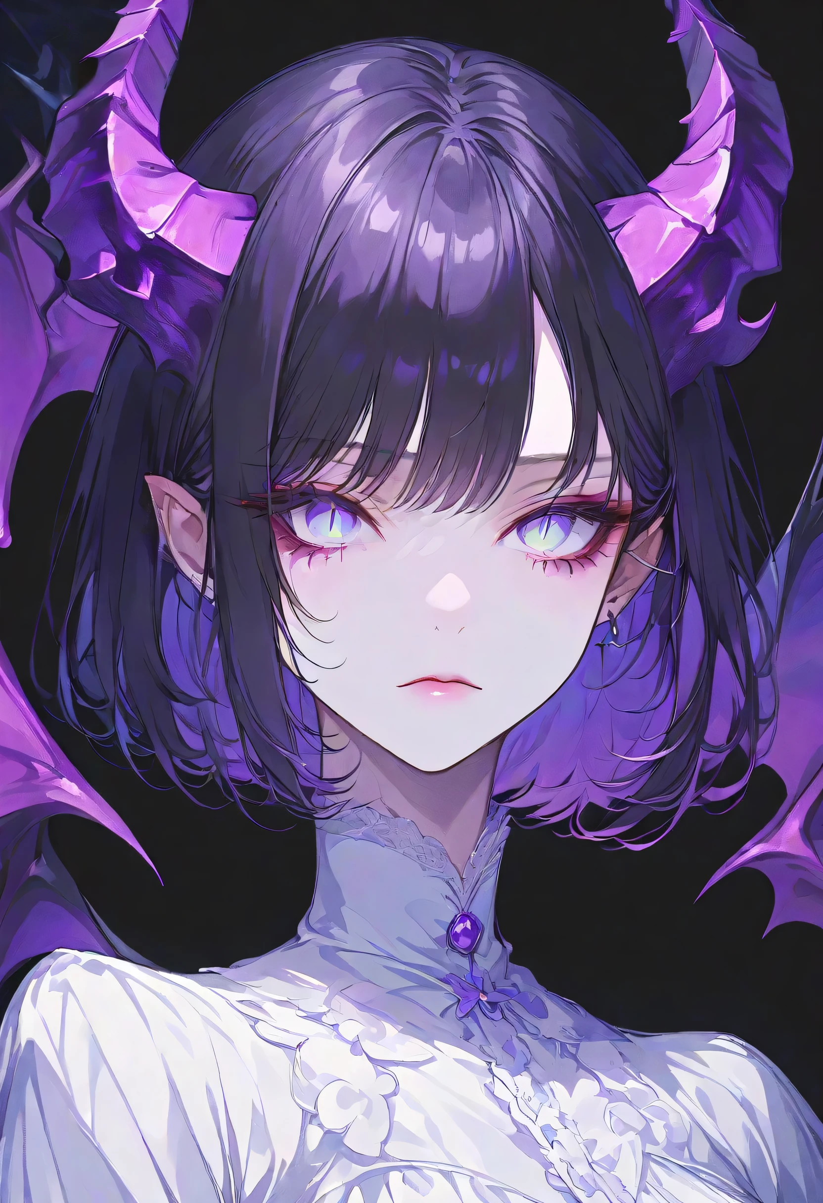 Devil Girl、midnight、Negative、black hair、Blue pupil、purple Devil's Horns,short hair, black background,