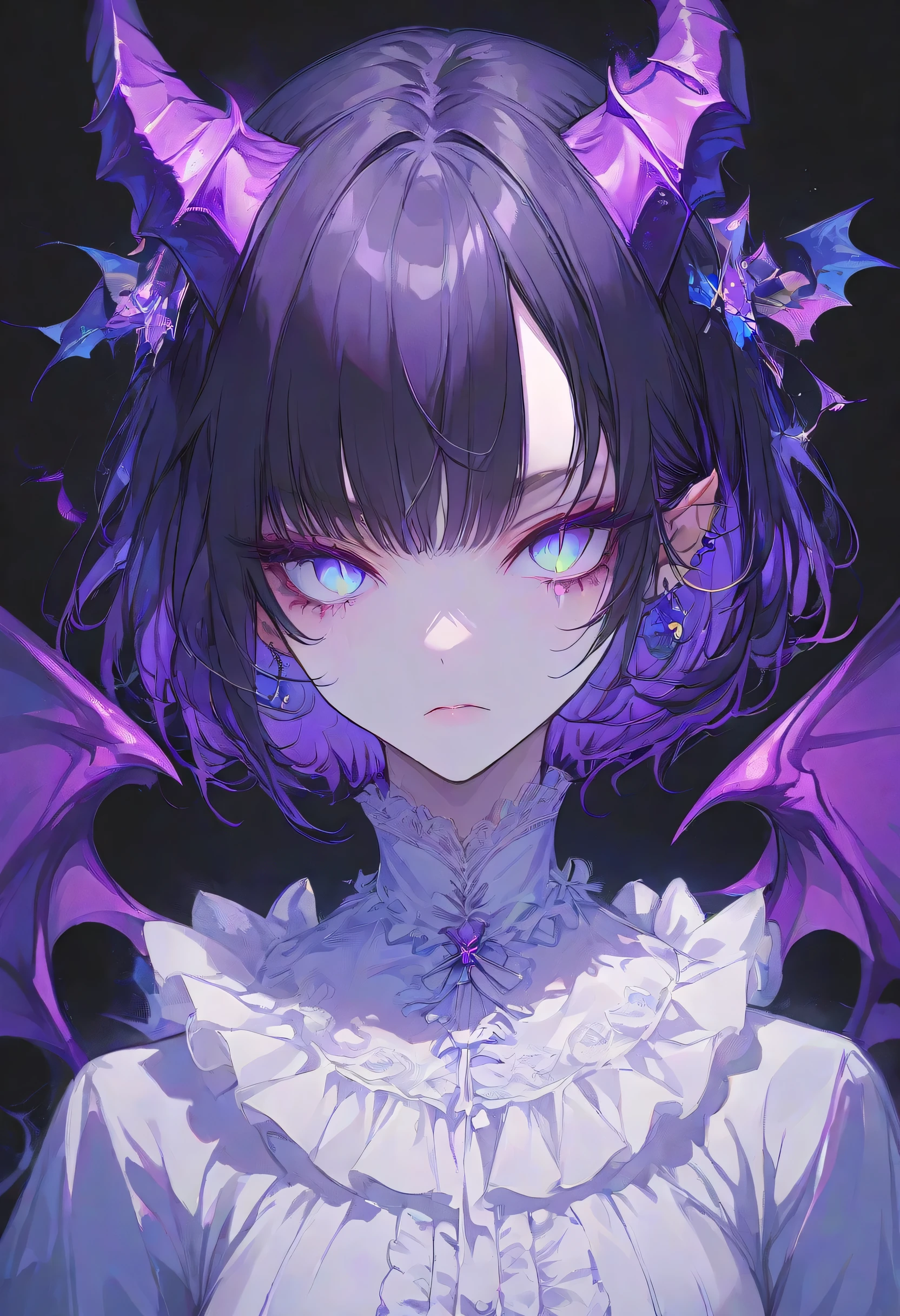 Devil Girl、midnight、Negative、black hair、Blue pupil、purple Devil's Horns,short hair, black background,