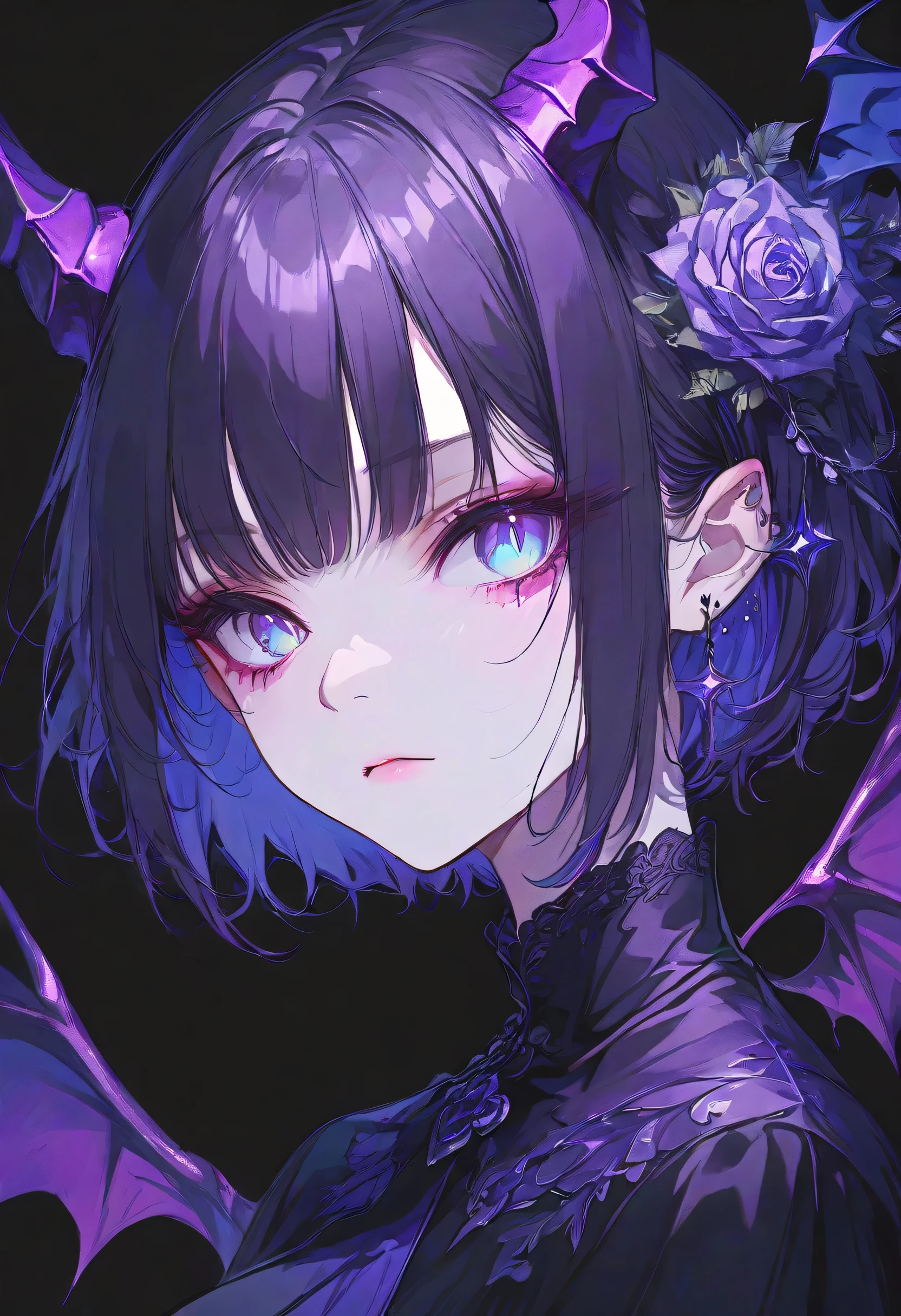 Devil Girl、midnight、Negative、black hair、Blue pupil、purple Devil's Horns,short hair, black background,