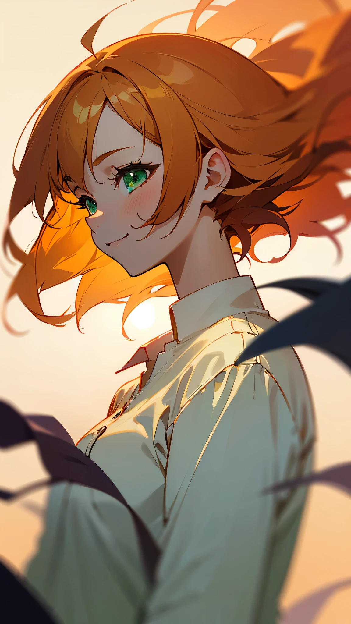 one girl、sharp focus、(Bokeh) (best quality) (Skin definition:1.3) (Detailed Details) (anime)、Age: 18、orange hair、bob hair、Hair Touched by Wind、Beautiful green eyes、smile、white shirt、slender body、from the side、upper body close-up、 golden hour sky、Background with tall buildings visible in the distance