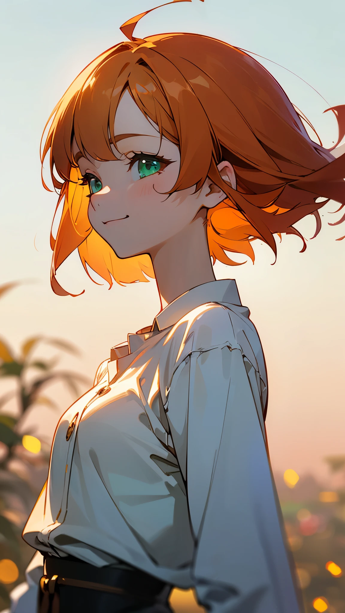 one girl、sharp focus、(Bokeh) (best quality) (Skin definition:1.3) (Detailed Details) (anime)、Age: 18、orange hair、bob hair、Hair Touched by Wind、Beautiful green eyes、smile、white shirt、slender body、from the side、upper body close-up、 golden hour sky、Background with tall buildings visible in the distance