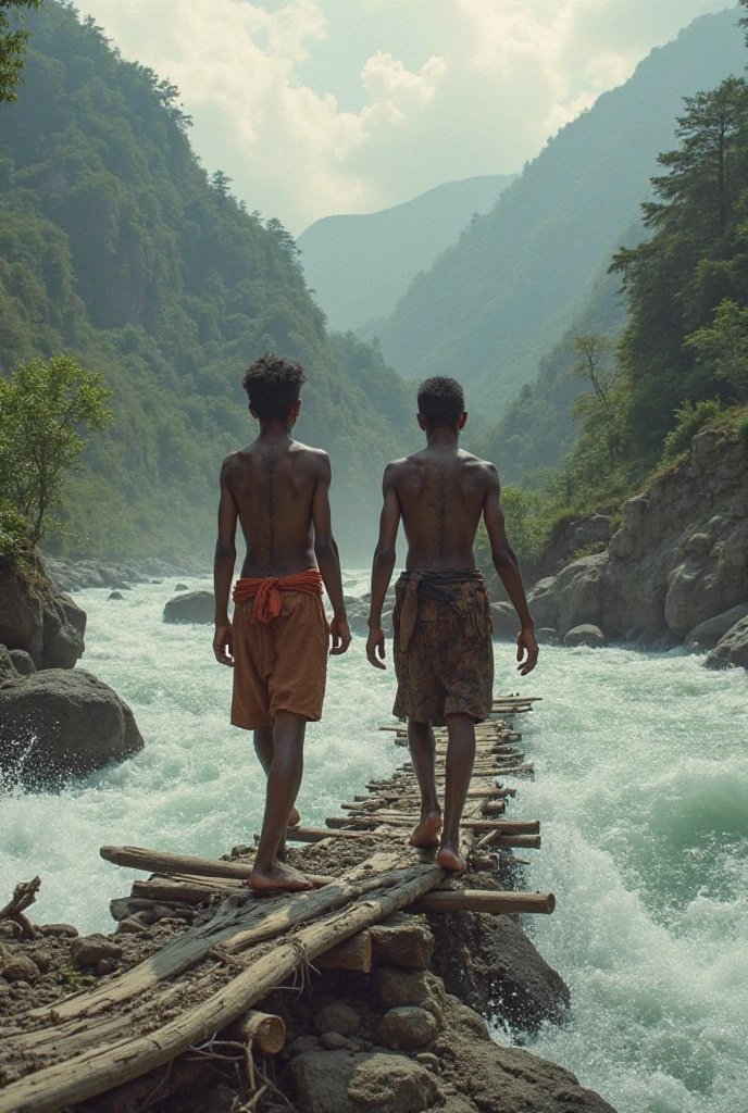 Photos,(photorealistic:1.4), (Hyperealistic:1.4), (cinematic 1.5) young boys 20s , Papua new guiea  boys dress with traditional dress and standing  inside the bush road beside the waterfall  and the beautiful sunset the boys we're smoking weed and making fire