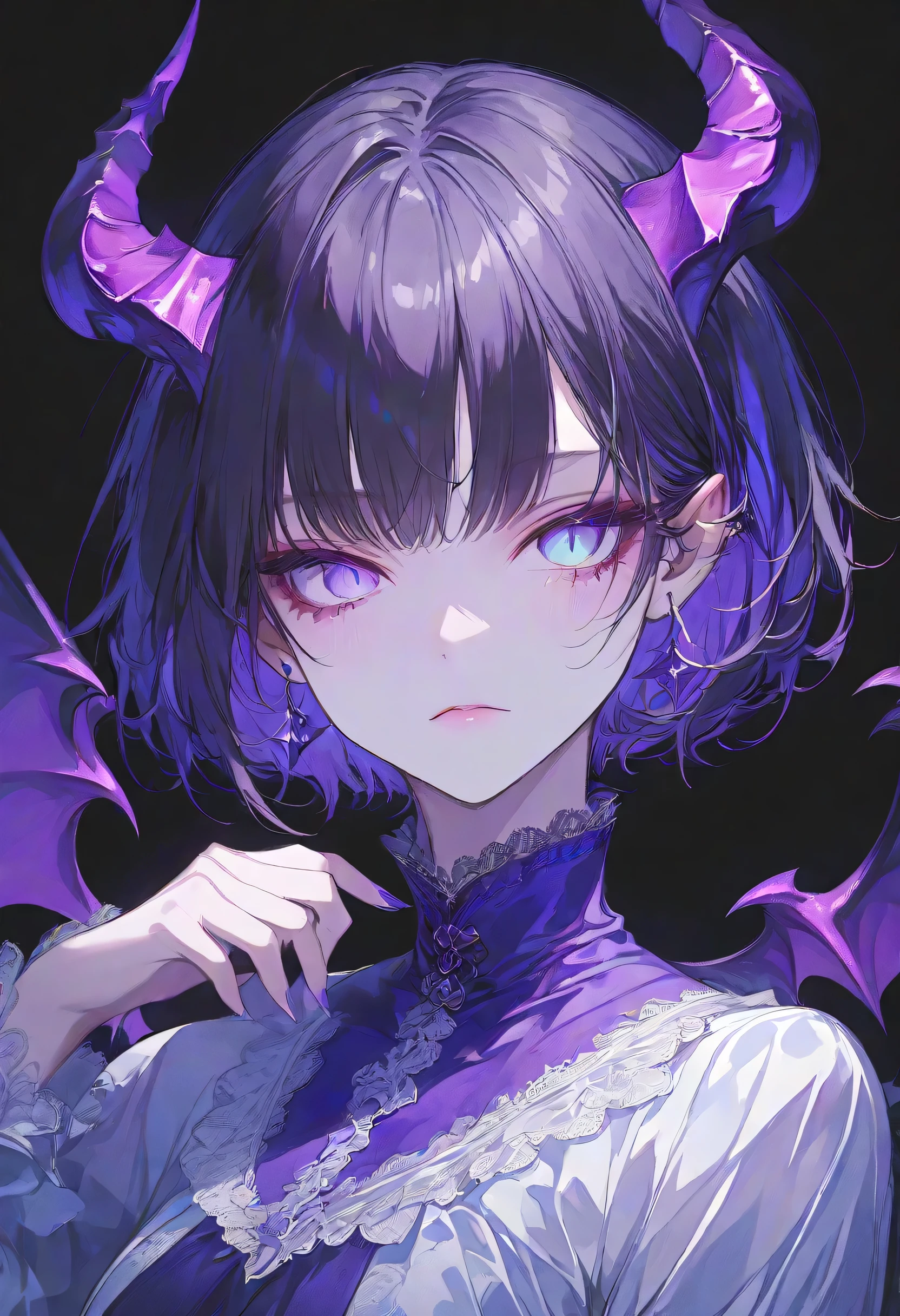 Devil Girl、midnight、Negative、black hair、Blue pupil、purple Devil's Horns,short hair, black background,