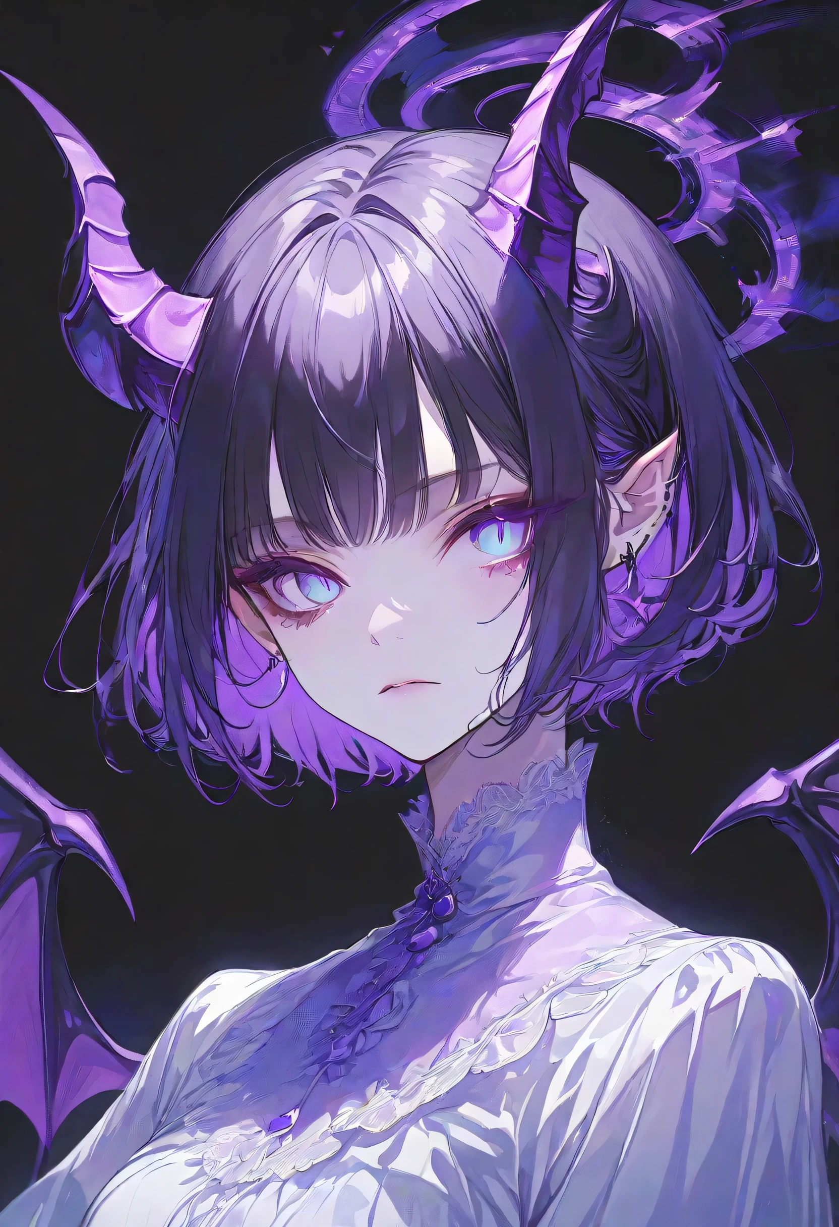 Devil Girl、midnight、Negative、black hair、Blue pupil、purple Devil's Horns,short hair, black background,