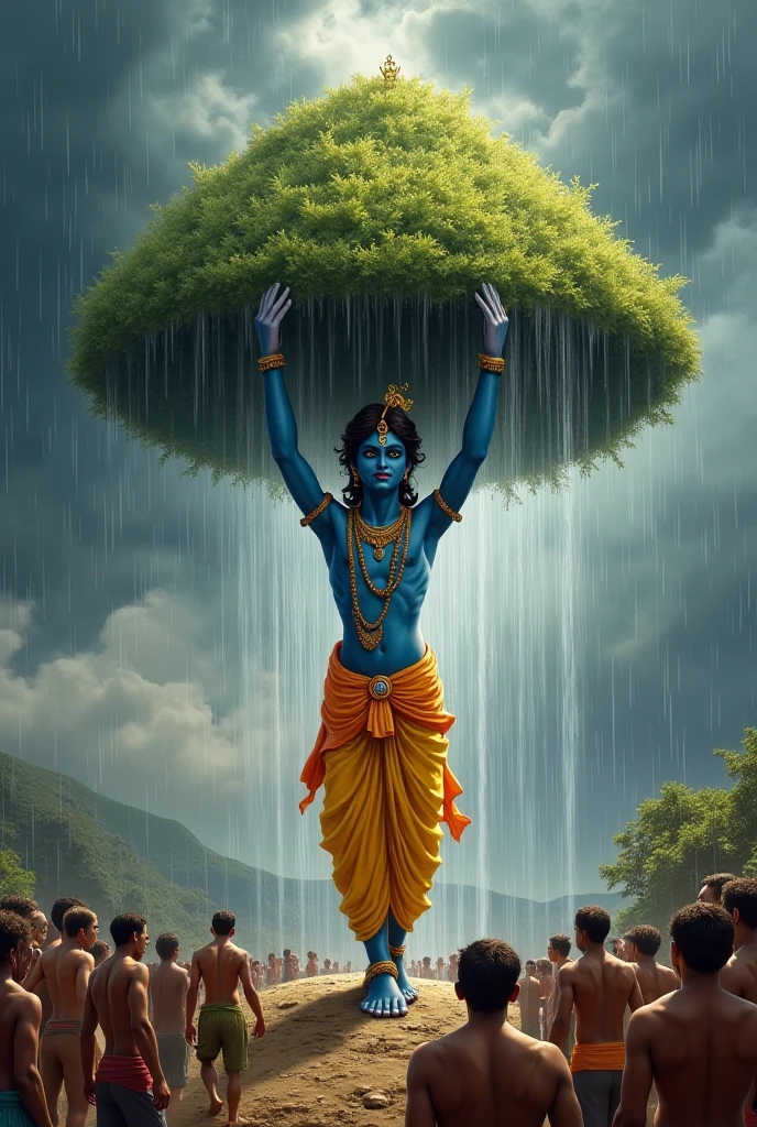 "Create a dynamic and awe-inspiring image of young Krishna performing the miracle of lifting Govardhan Hill. Krishna should be depicted as a vibrant child with blue skin, wearing traditional attire—a yellow dhoti and a peacock feather crown. He stands confidently on one leg, effortlessly holding the massive Govardhan Hill above his head with his little finger. The hill should be lush and green, filled with trees, rocks, and small streams, with cows grazing peacefully under its shelter. Surrounding Krishna, villagers of Vrindavan—men, women, and children—look up in amazement and gratitude, seeking refuge from the torrential rain caused by the stormy clouds above. The sky is dark, with lightning striking in the background, but Krishna’s divine aura casts a warm, golden light over the entire scene, symbolizing protection and divinity. The image should convey a sense of divine power, protection, and the miraculous nature of Krishna's act."

This prompt will help generate a visually striki