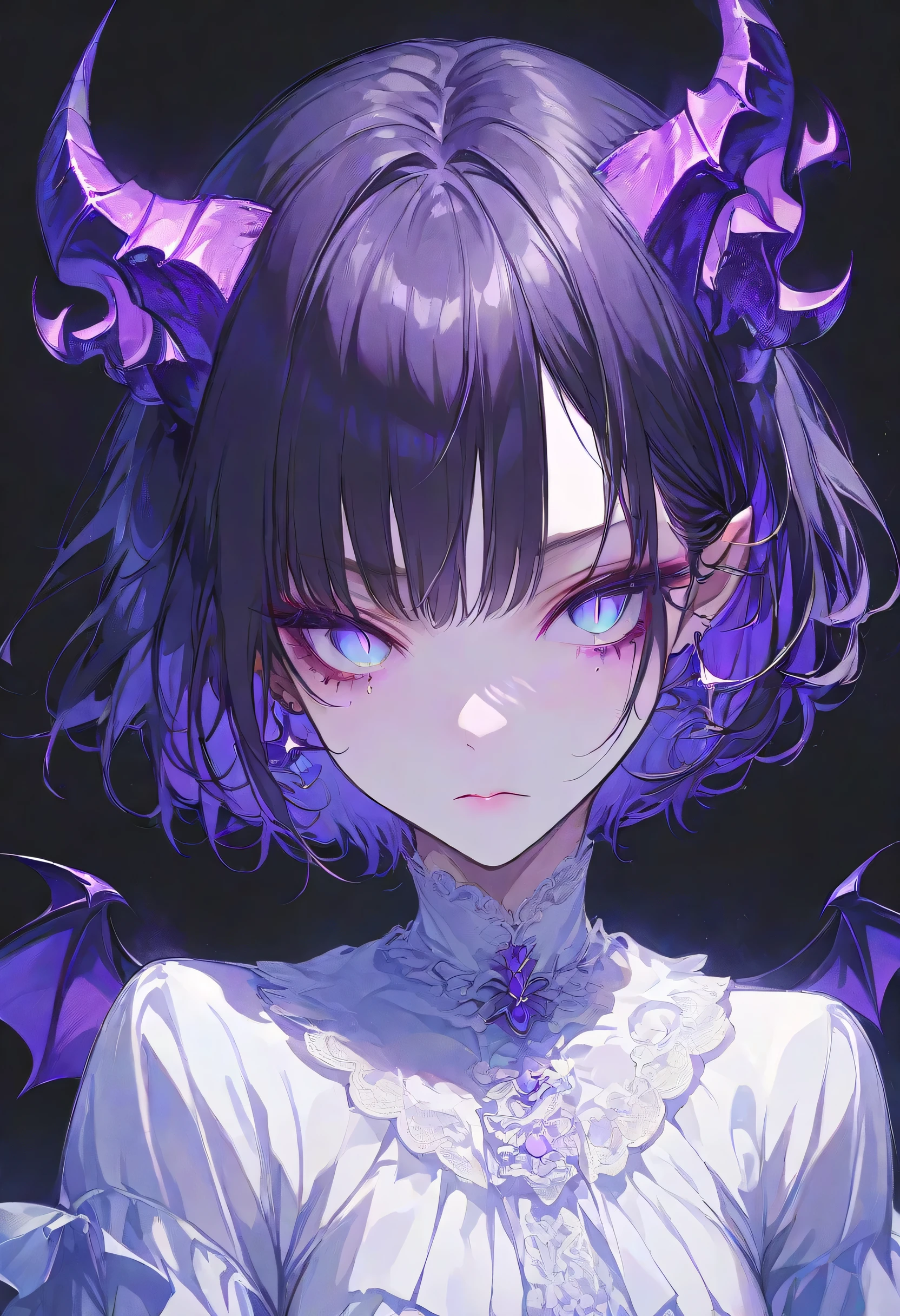 Devil Girl、midnight、Negative、black hair、Blue pupil、purple Devil's Horns,short hair, black background,