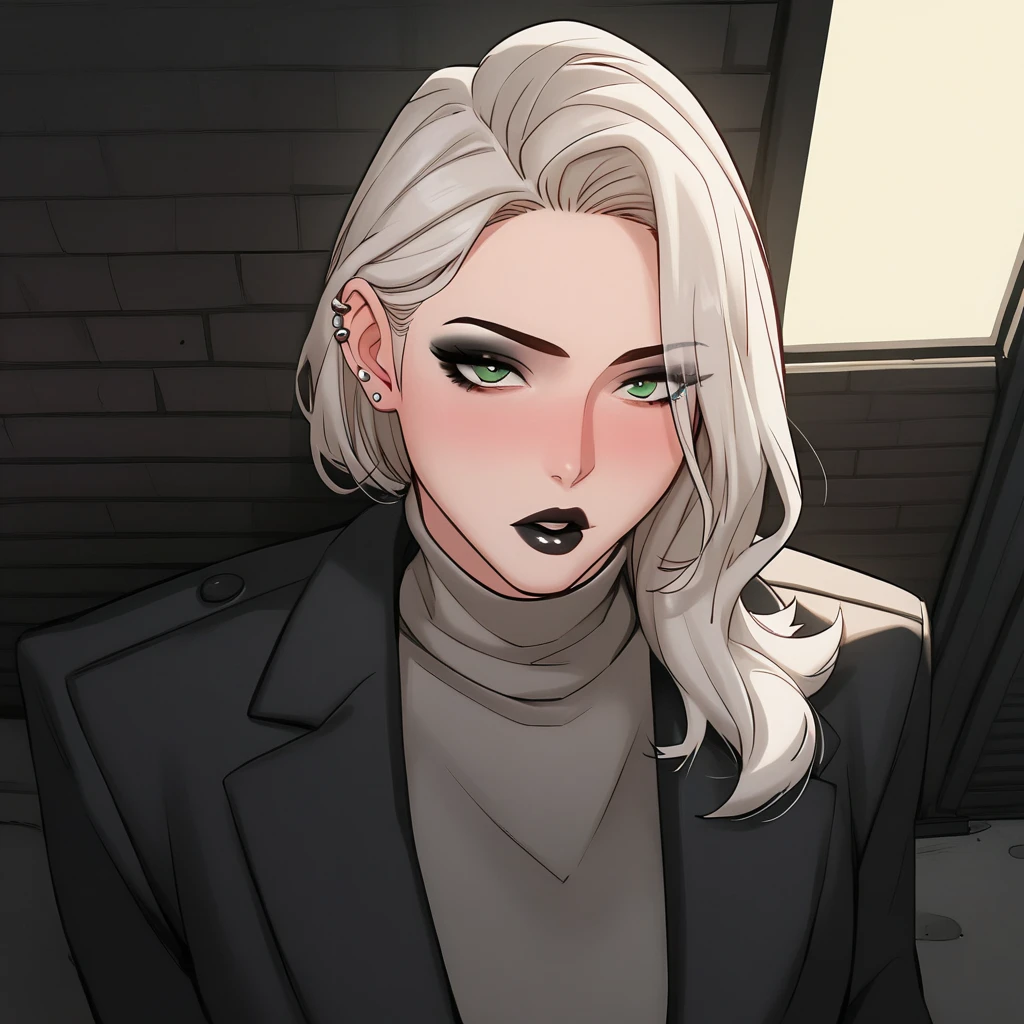 score_9, score_8_above, score_7_above, score_6_above, score_5_above, score_4_above, INTERVAL 1 girl , intricate, Making a beautiful pout in love, Slightly drunk , Black fleece coat with fur hood, off the shoulders, seductive neckline, Yakuza outfit , (eyeliner :1.2), white hair high neck shirt with bangs, ear piercing , punk style, green eyes, ear piercing , punk style , black lips , Suit, jewelry, detailed background, big ( masterpiece, High quality:1), bar, counter, alley, bar exit , dark lighting , volabovetuous body, Mature Woman photo taken from the front