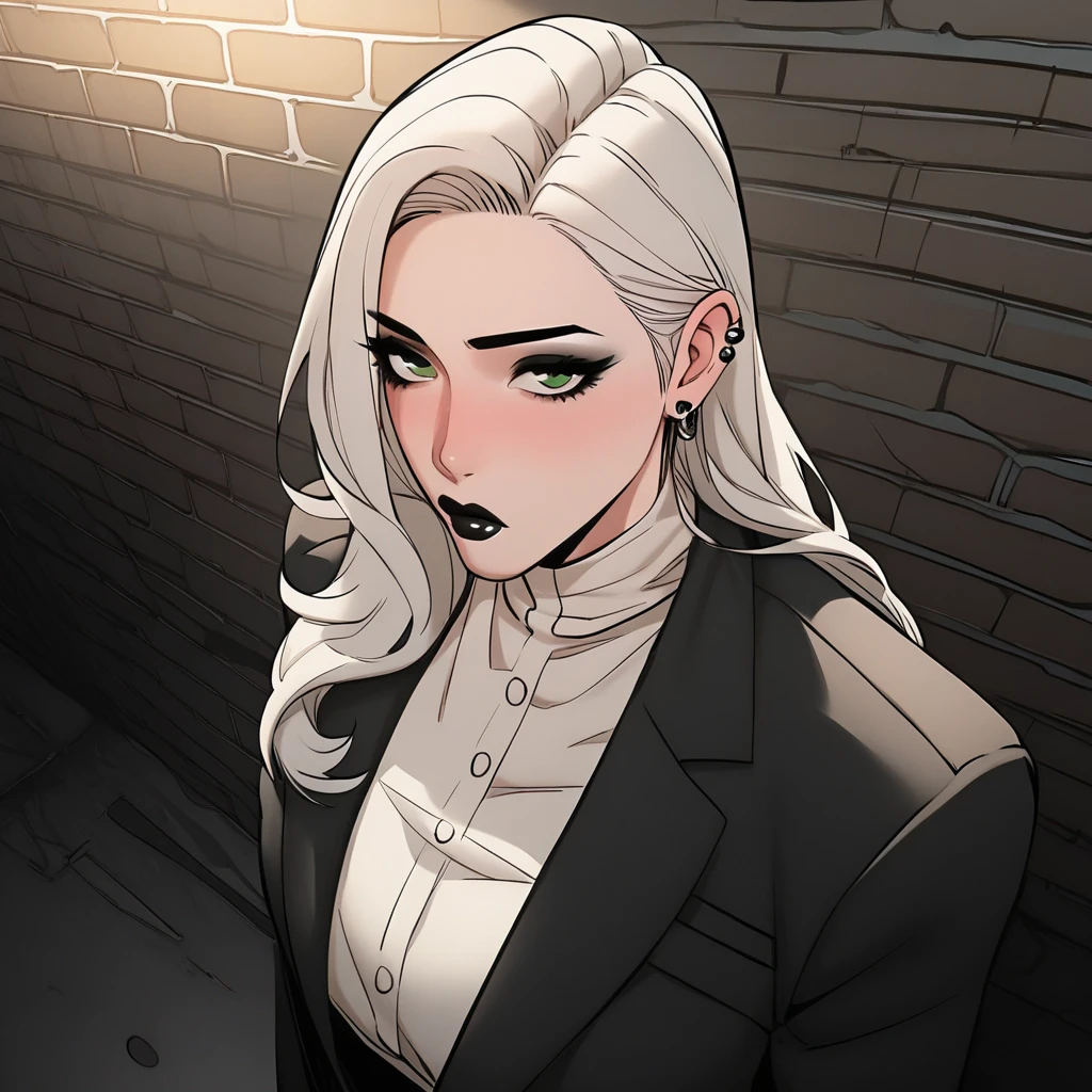 score_9, score_8_above, score_7_above, score_6_above, score_5_above, score_4_above, INTERVAL 1 girl , intricate, Making a beautiful pout in love, Slightly drunk , Black fleece coat with fur hood, off the shoulders, seductive neckline, Yakuza outfit , (eyeliner :1.2), white hair high neck shirt with bangs, ear piercing , punk style, green eyes, ear piercing , punk style , black lips , Suit, jewelry, detailed background, big ( masterpiece, High quality:1), bar, counter, alley, bar exit , dark lighting , volabovetuous body, Mature Woman photo taken from the front