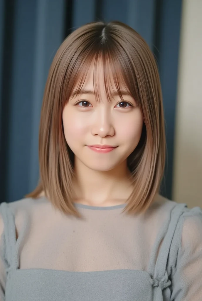 Highest quality:1.2), RAW Photos, High resolution, Very detailed, Intricate details, 、ear piercing、、smile、Beautiful teeth alignment、short hair、Brown Hair、Clear beauty,(High quality fabric, Office Lady Suits )、Necklace around the neck、, The background is the office