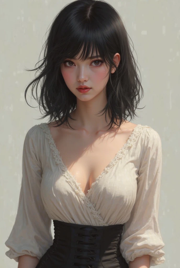 shouldered shirt, (Open all buttons: 1.1), big, deep cleavage, top quality, masterpiece, illustration, very delicate and beautiful, very detailed, CG, unity, 8K wallpaper, amazing, fine detail, highly detailed CG Unity 8K wallpaper, huge file size, very detailed, high resolution, handsome detail woman, very detailed big eyes and face, amazing detailed eyes, face light, (Best Illustration: 1.1), (Best Shadow: 1.1), Ultra High Resolution, (Photoreal: 1.1), (Photoreal: 1.2:1.1), Realistic Face Proportions, Slender, Smile, (Makeup: 0.4), (Fluffy Light Colored Eyes: 1.21), Light Colored Eyes, Beholder's Look, Dark Brown Hair, Earrings, Necklace, Hairpin, Cowboy Shot, ( Irregular irregular skin imperfections, veins, wrinkles on the skin: pores: 1.2), white background, (bokeh: 1.4), very short hair, gloss on skin, gloss on face, gloss on lips, gloss on chest, glossy skin, smile, smiling, beautiful teeth, long neck, big eyes, clear eyes, clear double eyelids, ears out, tremendously cute, overwhelming beauty