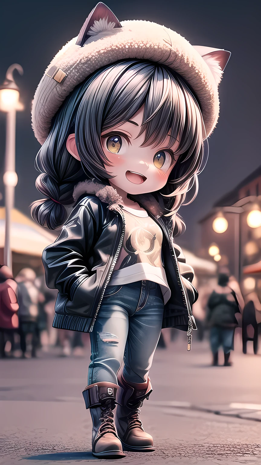 (Masterpieces), 1 girl,golden hairหยิกยาวมาก, golden hair, French Twist , asymmetrical edges , golden eyes. Jeans missing half.,Oversized jacket,Cat Ear Hat ,cute t-shirt max., watch, Chibi,Big eyes, Open Mouth, smilelook at watcher, Cold atmosphere,golden hair, black boots ,Amusement park background,32K,khd,3d anime